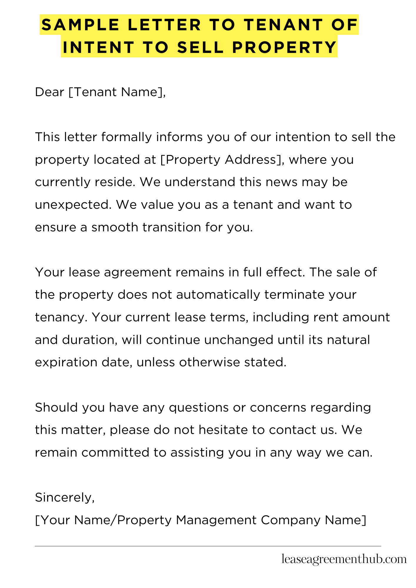 Sample Letter To Tenant Of Intent To Sell Property