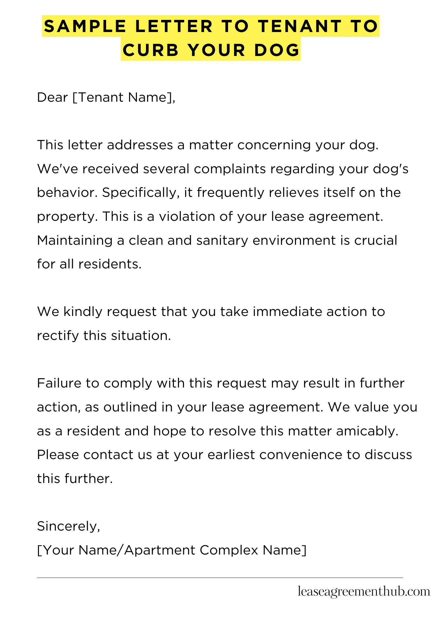 Sample Letter To Tenant To Curb Your Dog