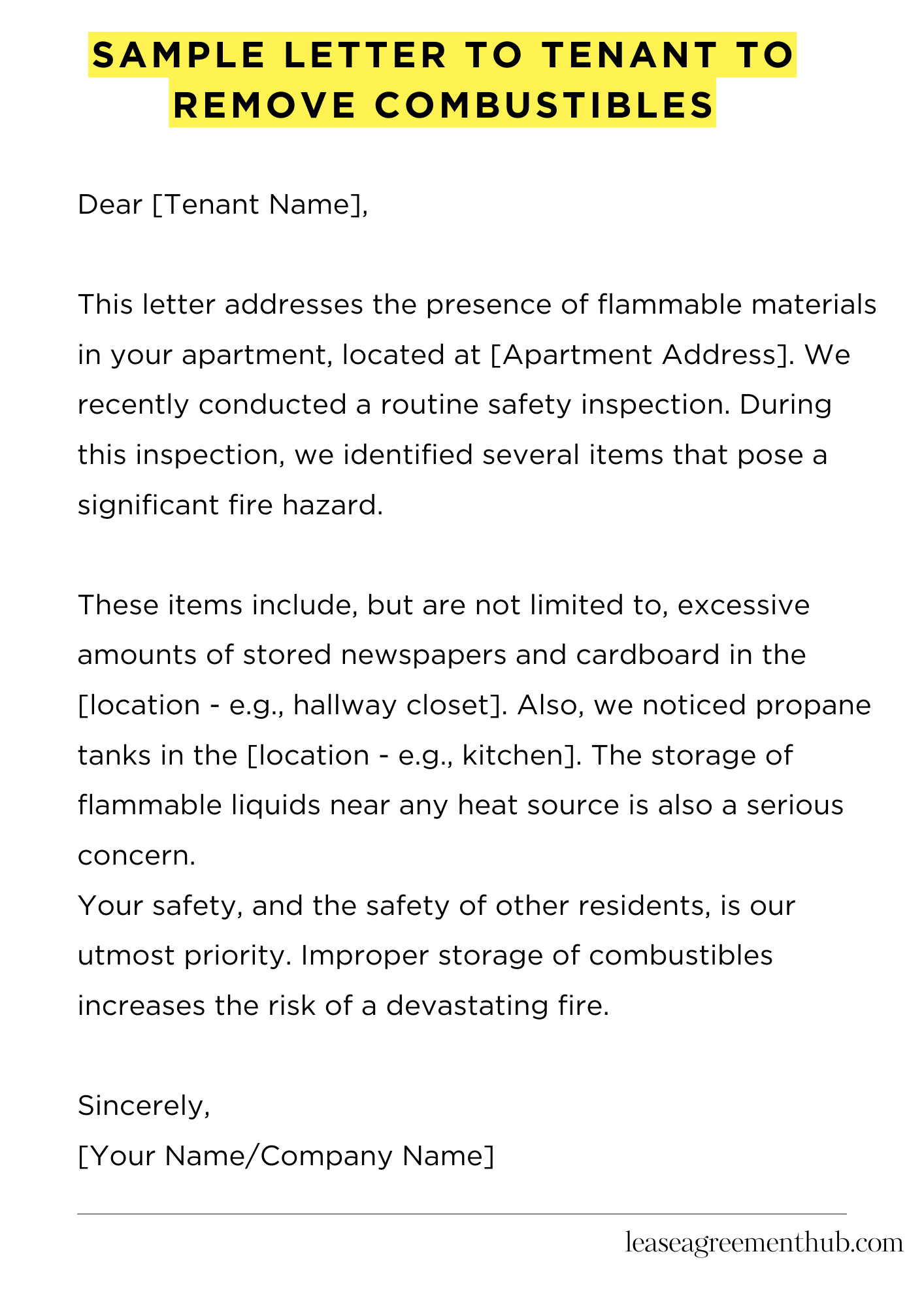 Sample Letter To Tenant To Remove Combustibles