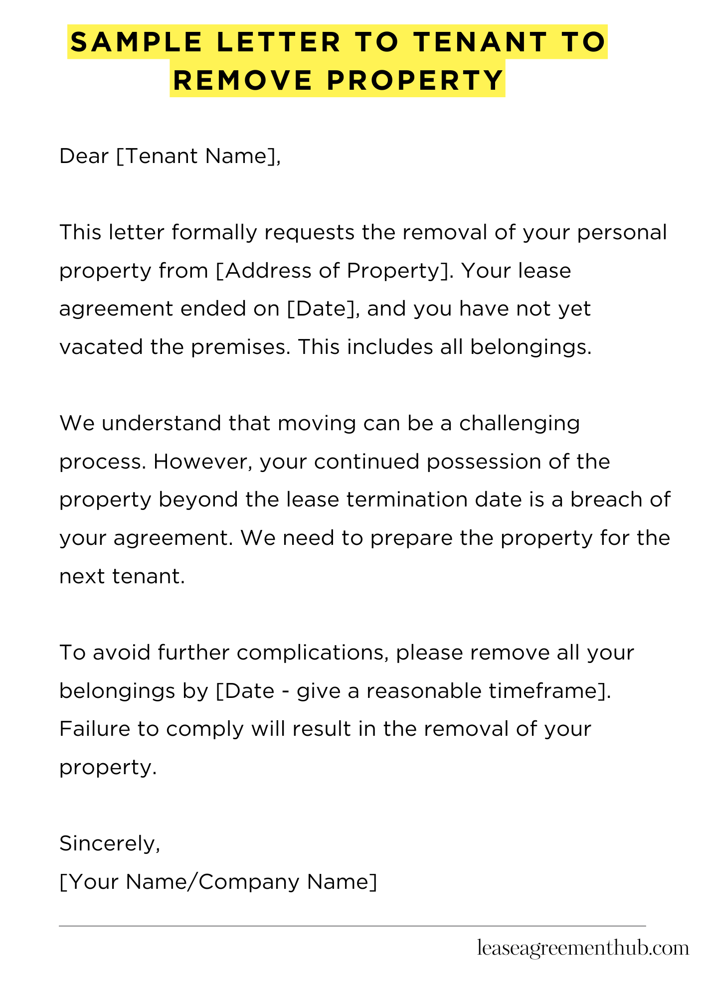 Sample Letter To Tenant To Remove Property