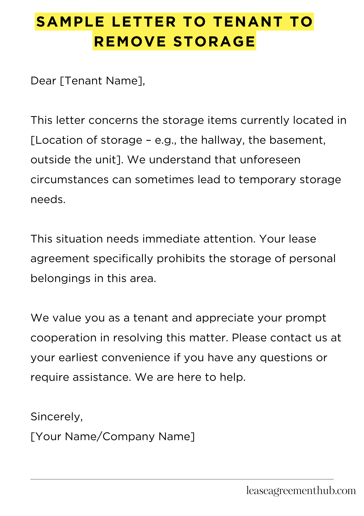 Sample Letter To Tenant To Remove Storage