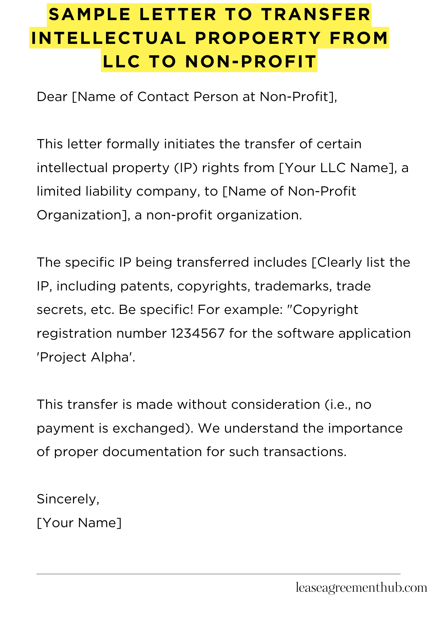 Sample Letter To Transfer Intellectual Propoerty From Llc To Non-Profit