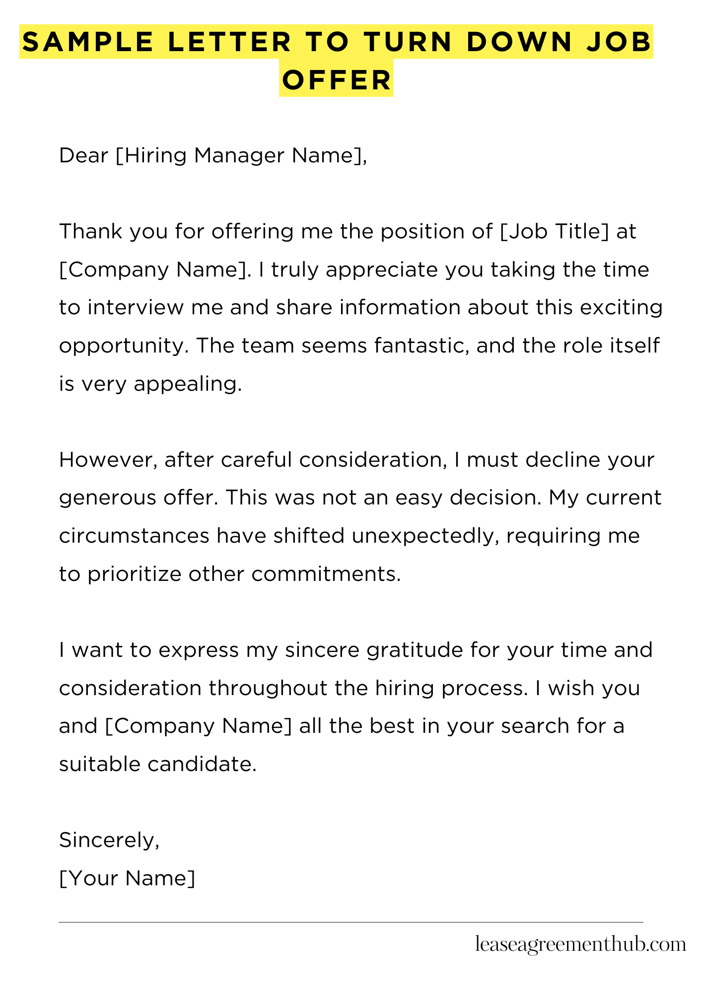 Sample Letter To Turn Down Job Offer