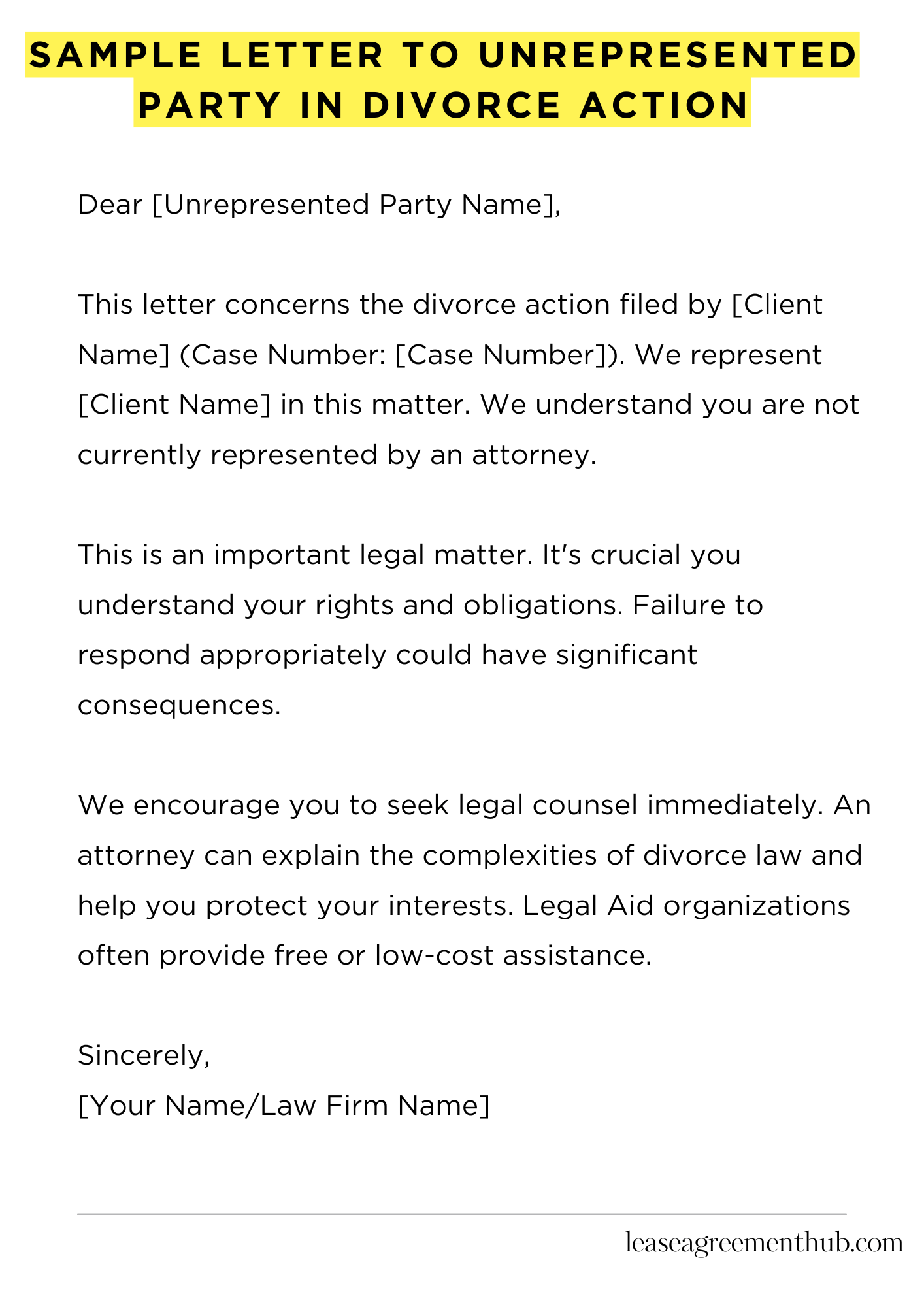 Sample Letter To Unrepresented Party In Divorce Action