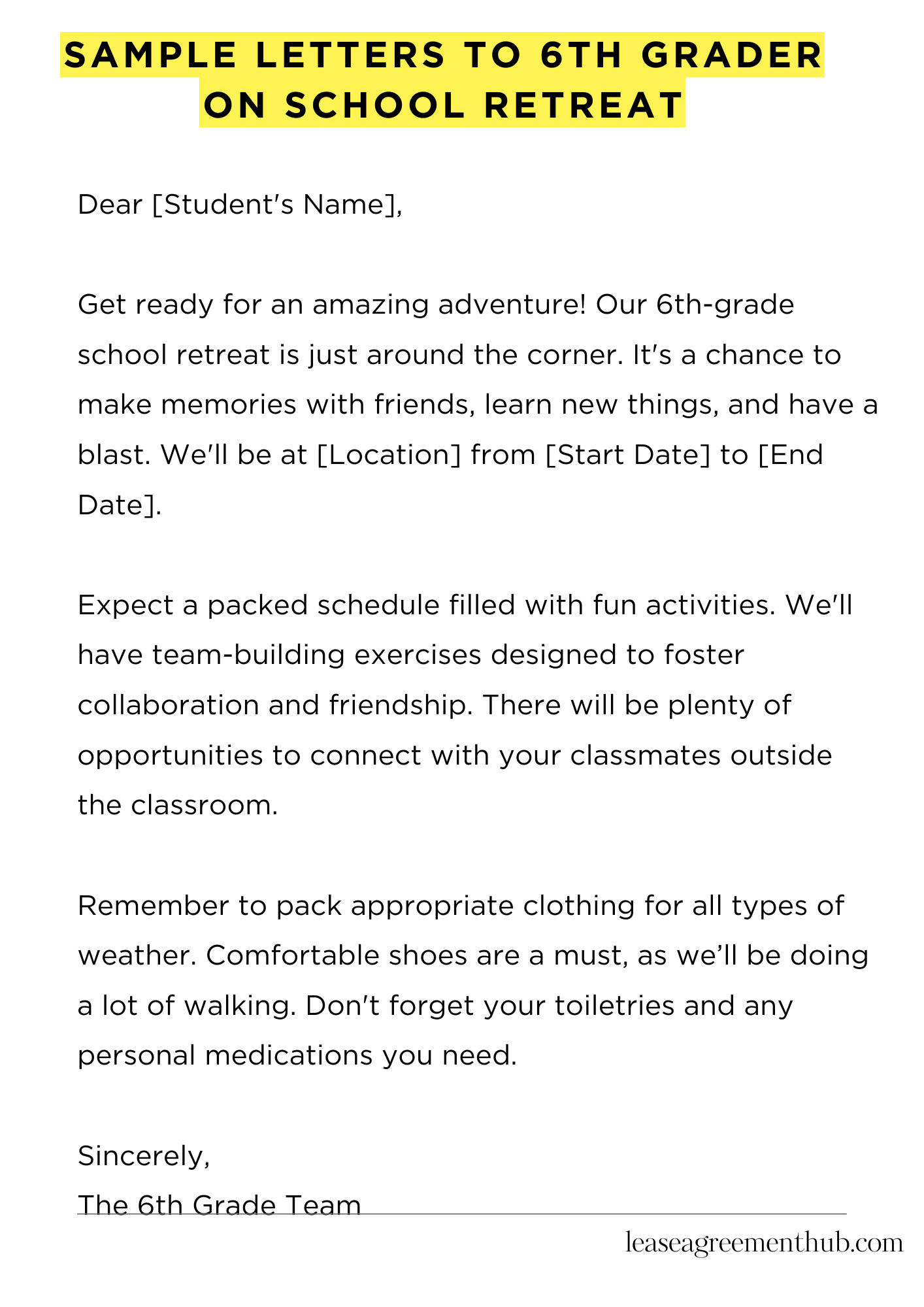 Sample Letters To 6Th Grader On School Retreat