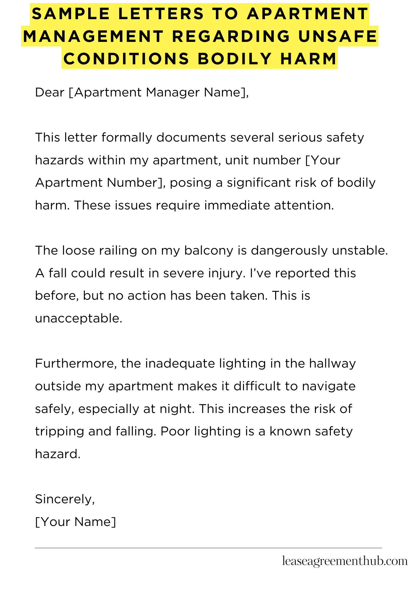 Sample Letters To Apartment Management Regarding Unsafe Conditions Bodily Harm
