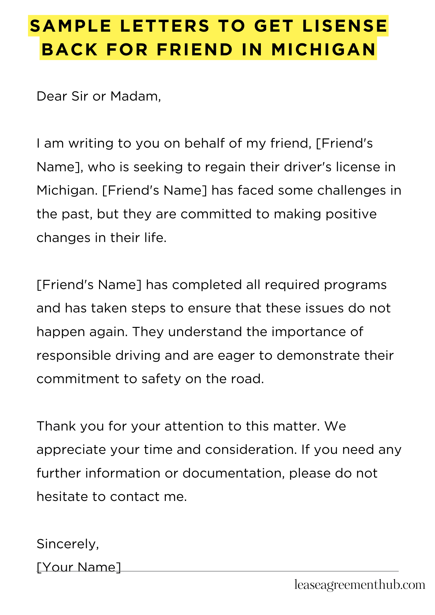 Sample Letters To Get Lisense Back For Friend In Michigan 