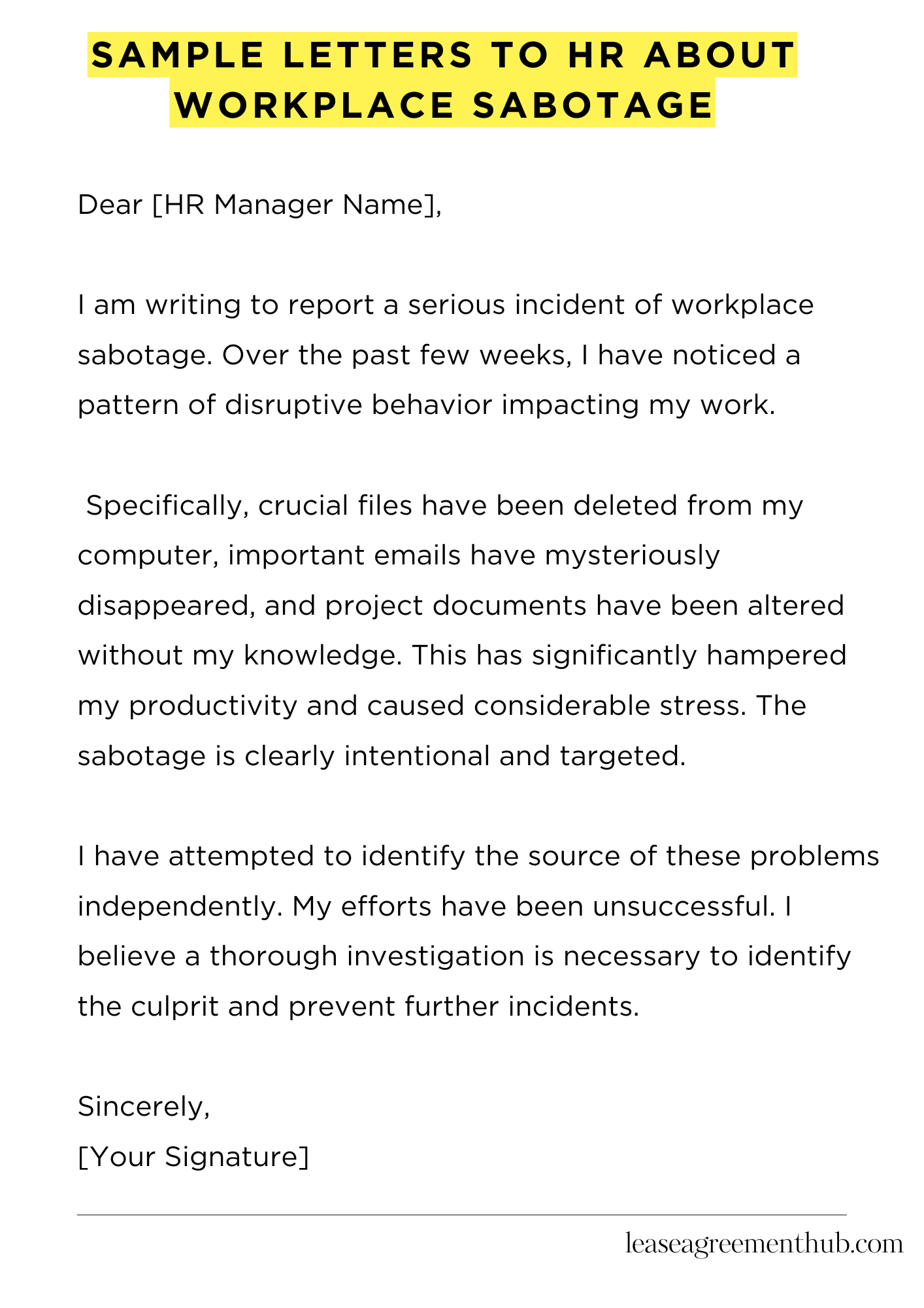 Sample Letters To Hr About Workplace Sabotage