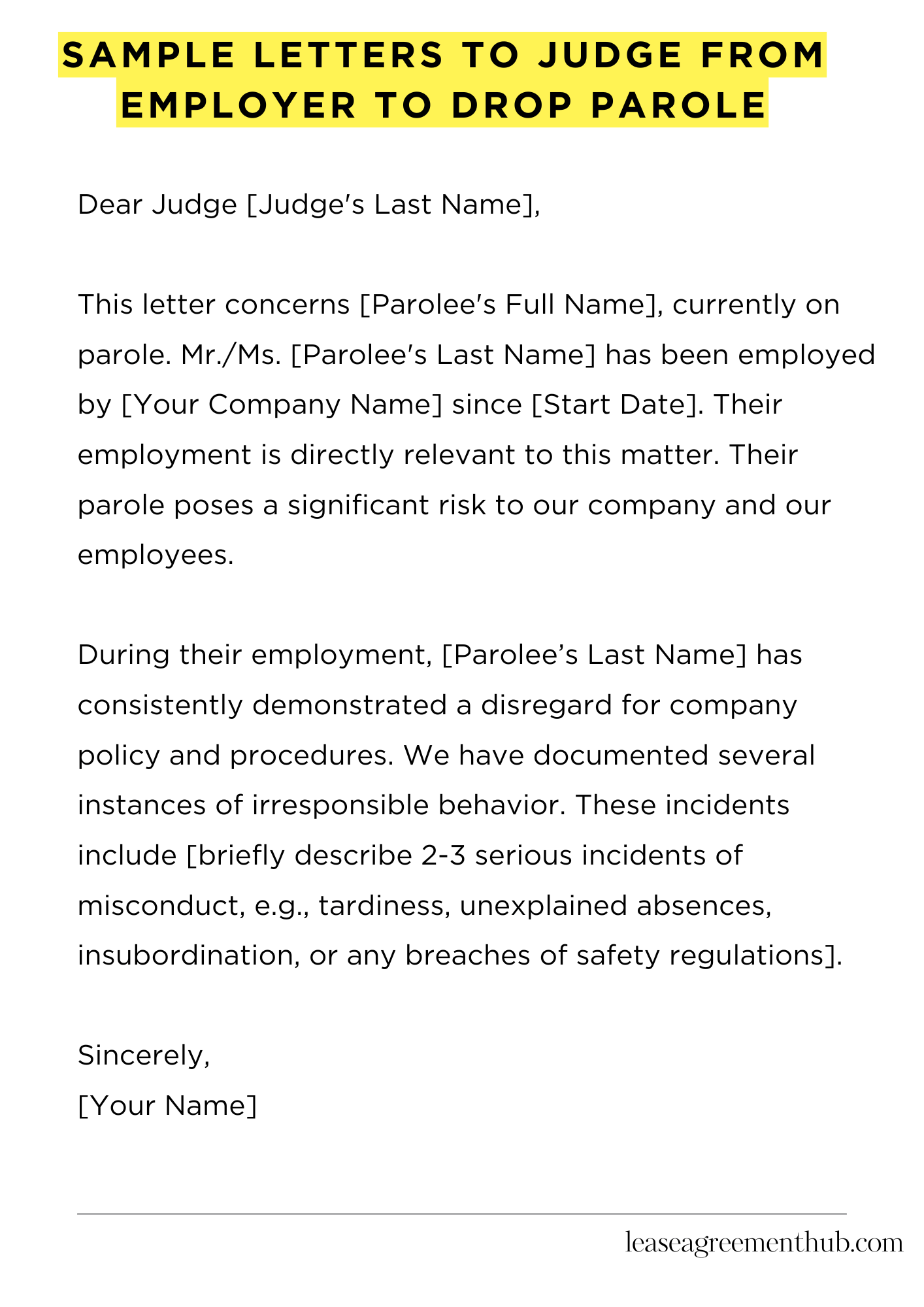 Sample Letters To Judge From Employer To Drop Parole