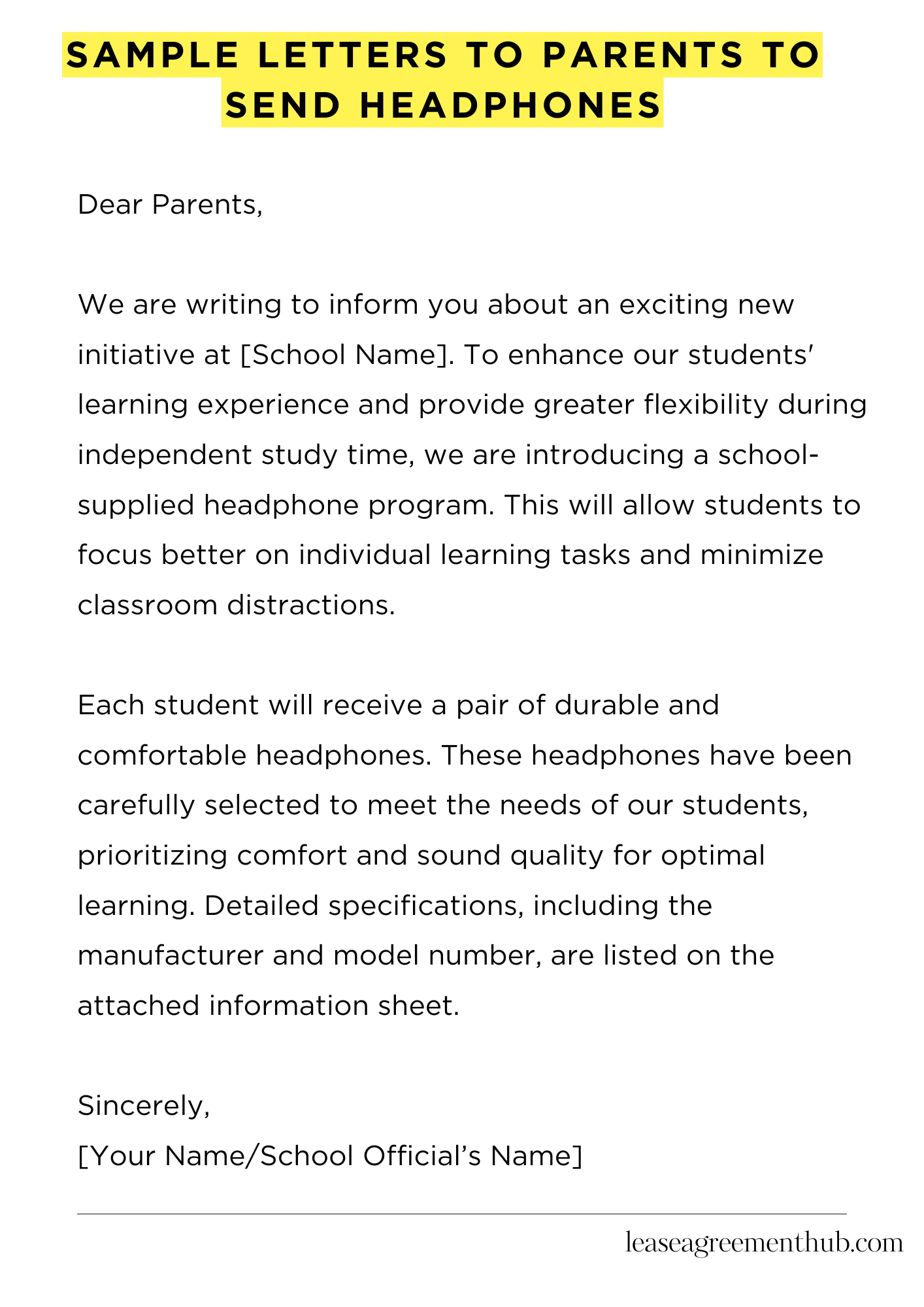 Sample Letters To Parents To Send Headphones