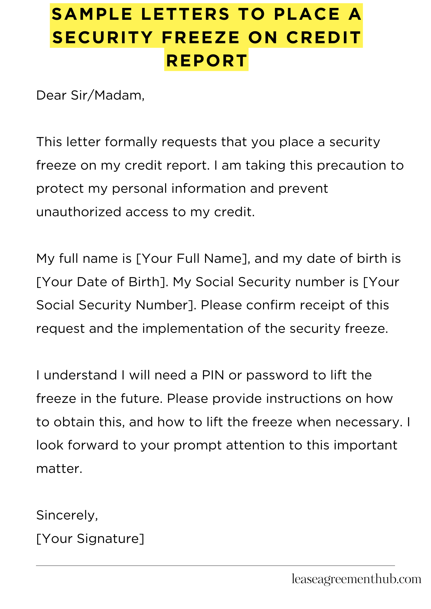 Sample Letters To Place A Security Freeze On Credit Report