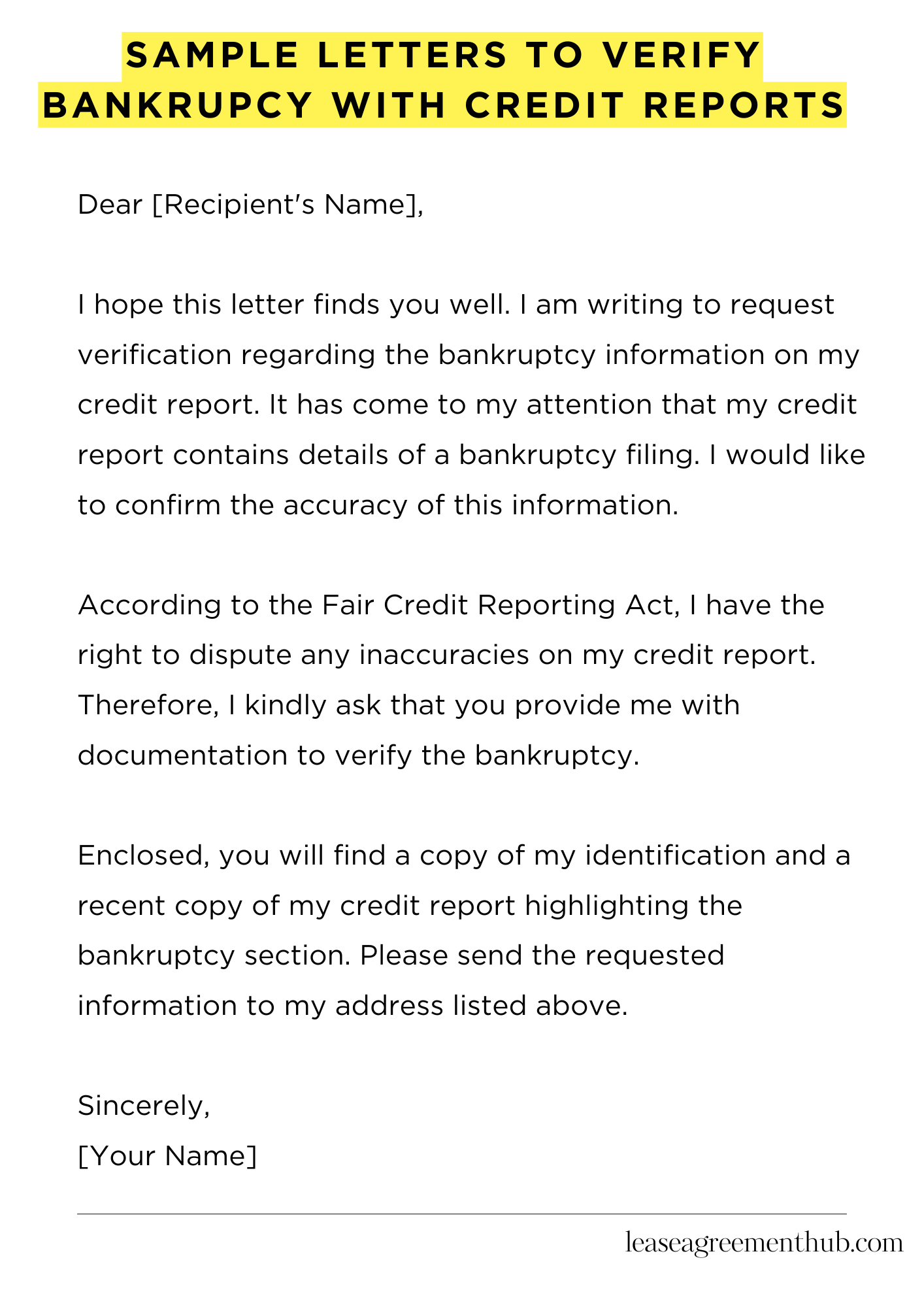 Sample Letters To Verify Bankrupcy With Credit Reports