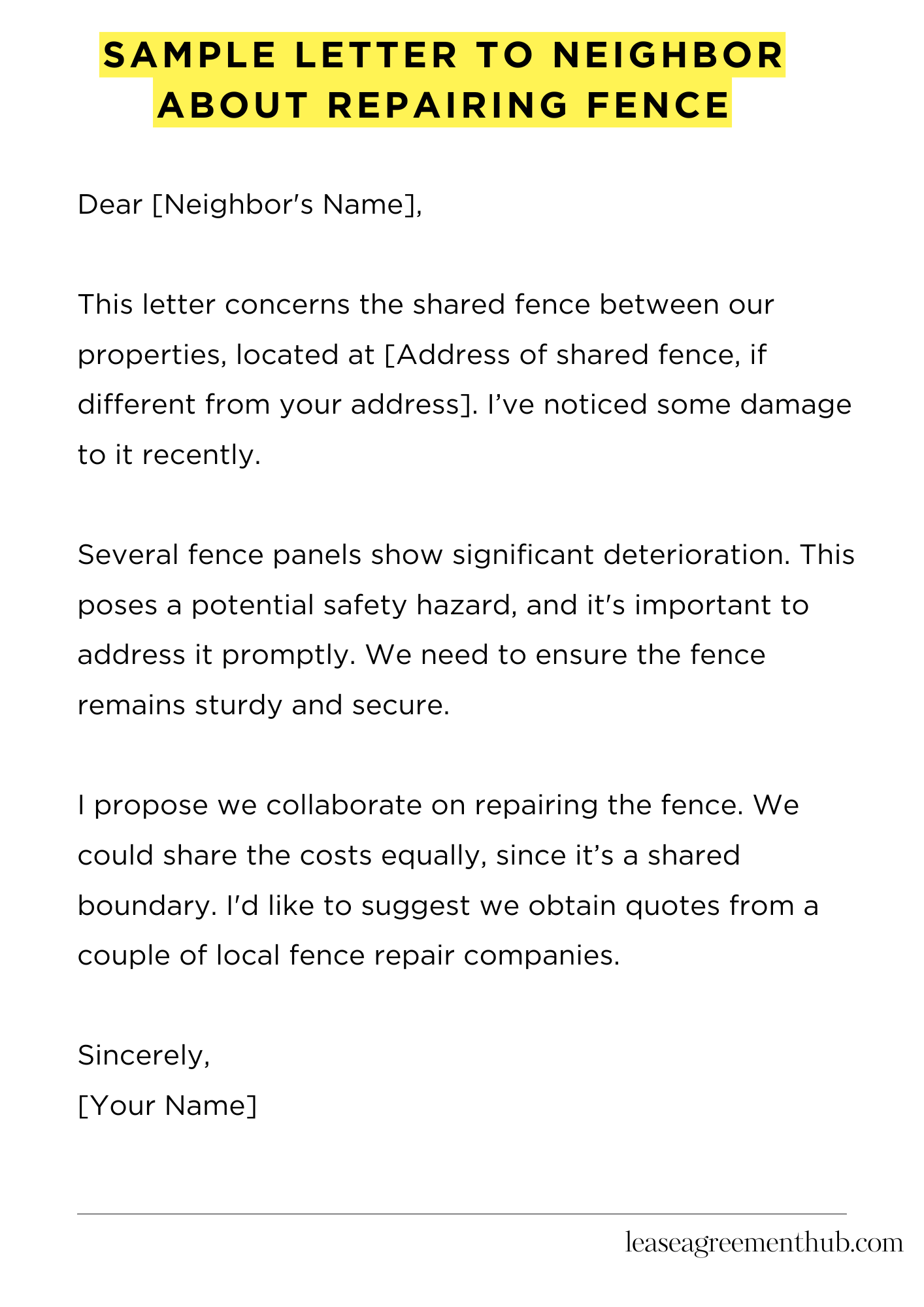 Sample Letter To Neighbor About Repairing Fence