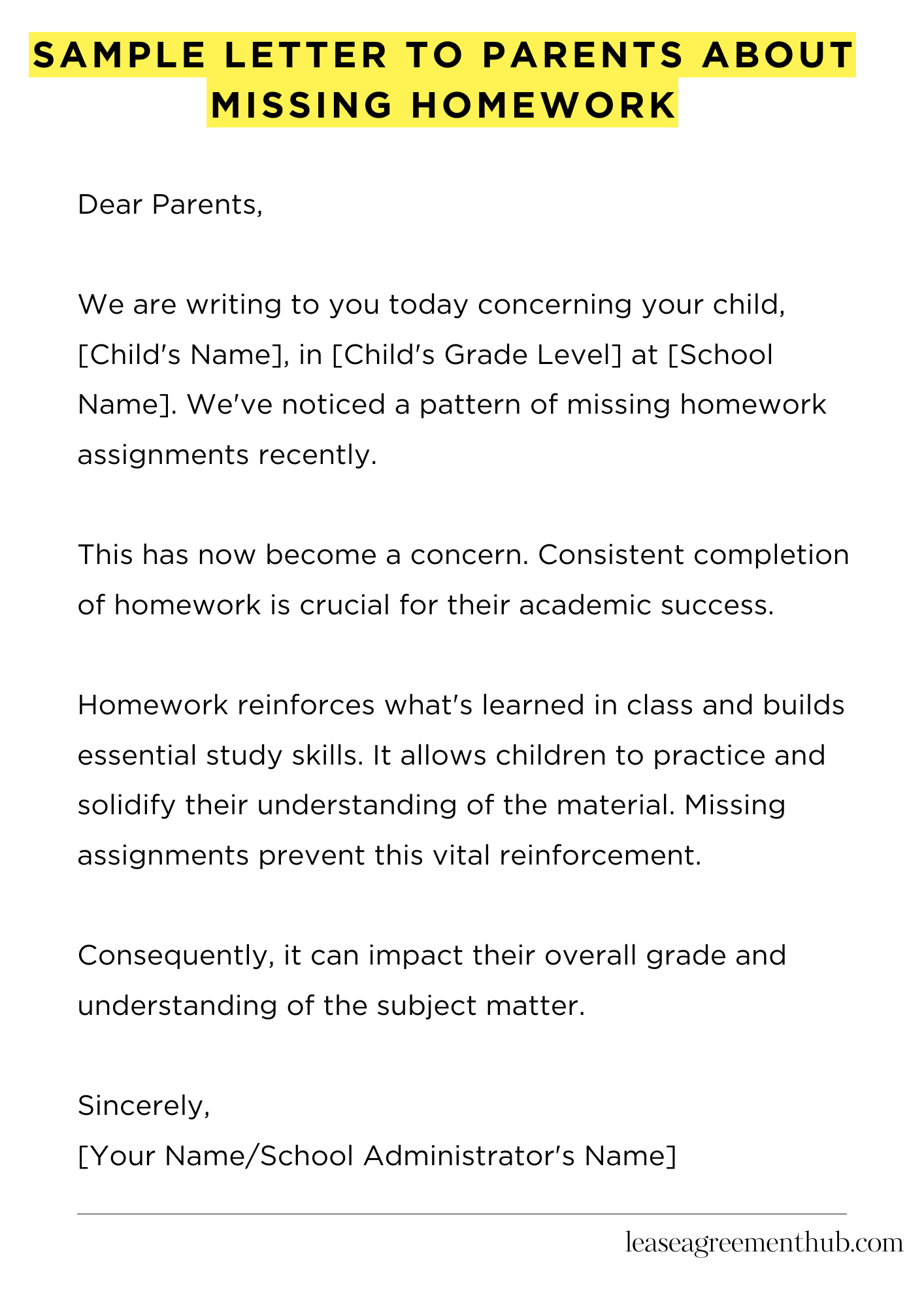 Sample Letter To Parents About Missing Homework