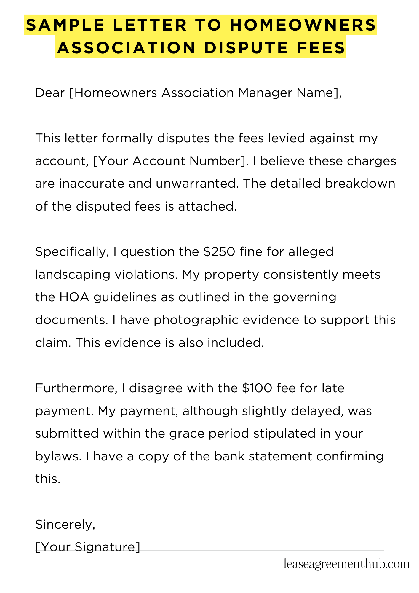 Sample Letter To Homeowners Association Dispute Fees