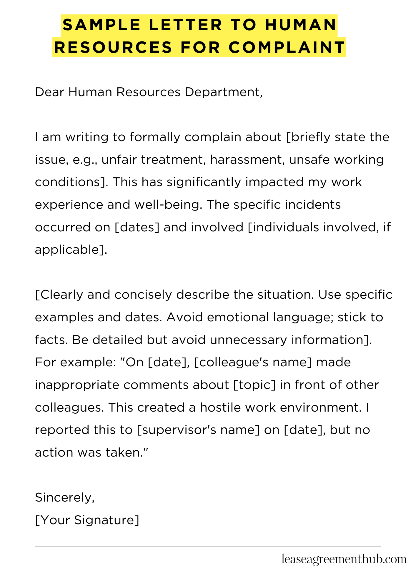 Sample Letter To Human Resources For Complaint