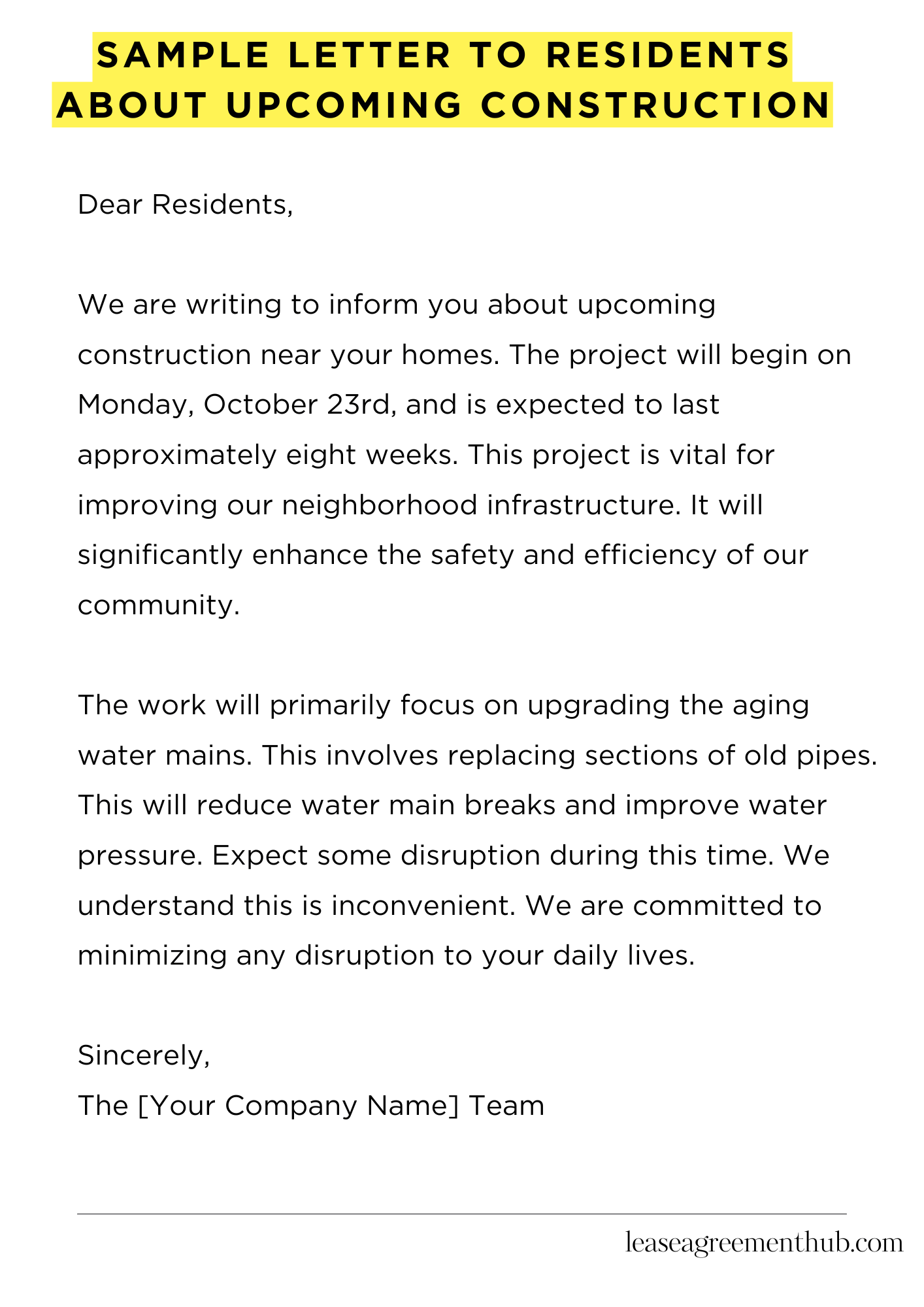 Sample Letter To Residents About Upcoming Construction