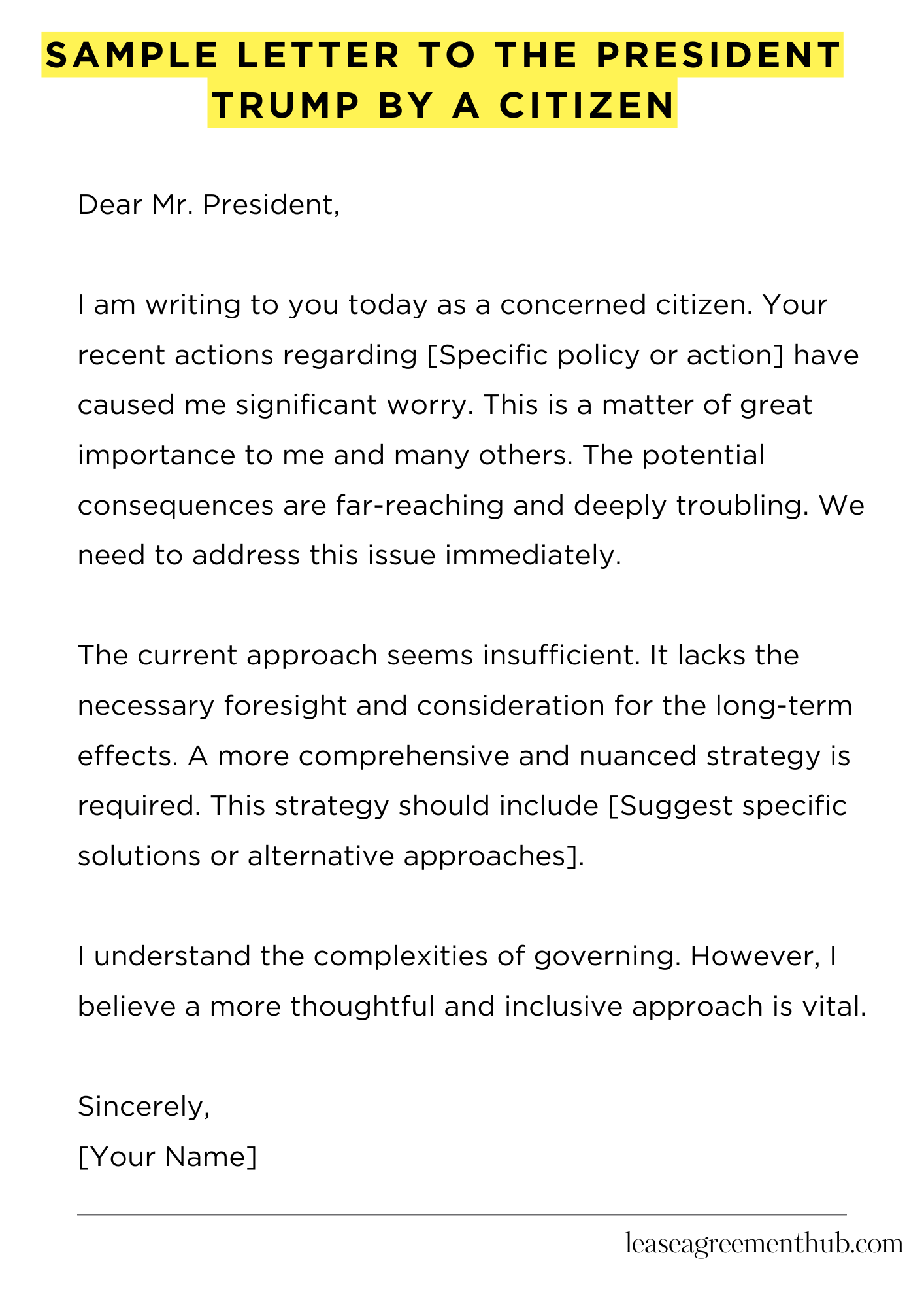 Sample Letter To The President Trump By A Citizen
