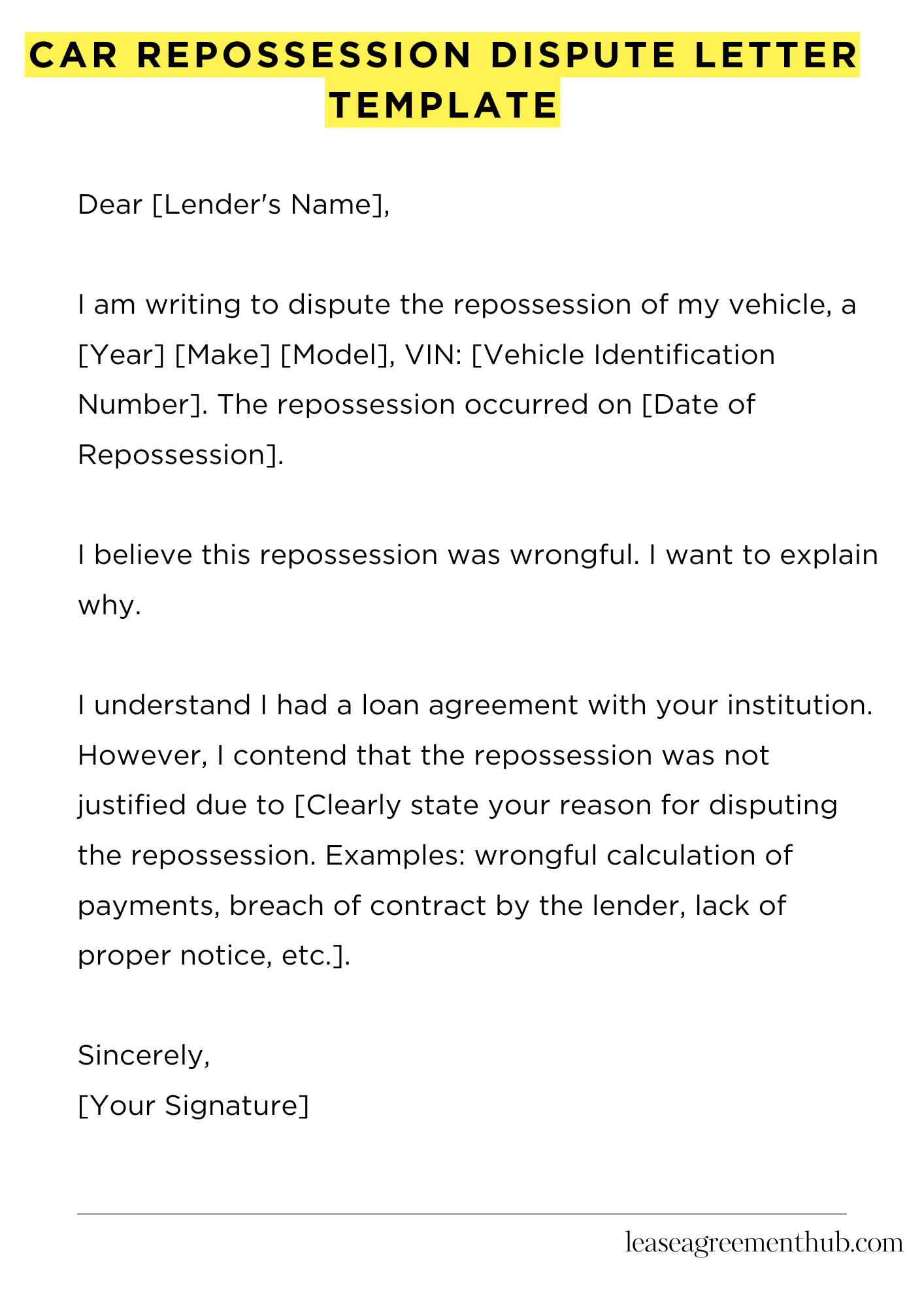 Car Repossession Dispute Letter Template