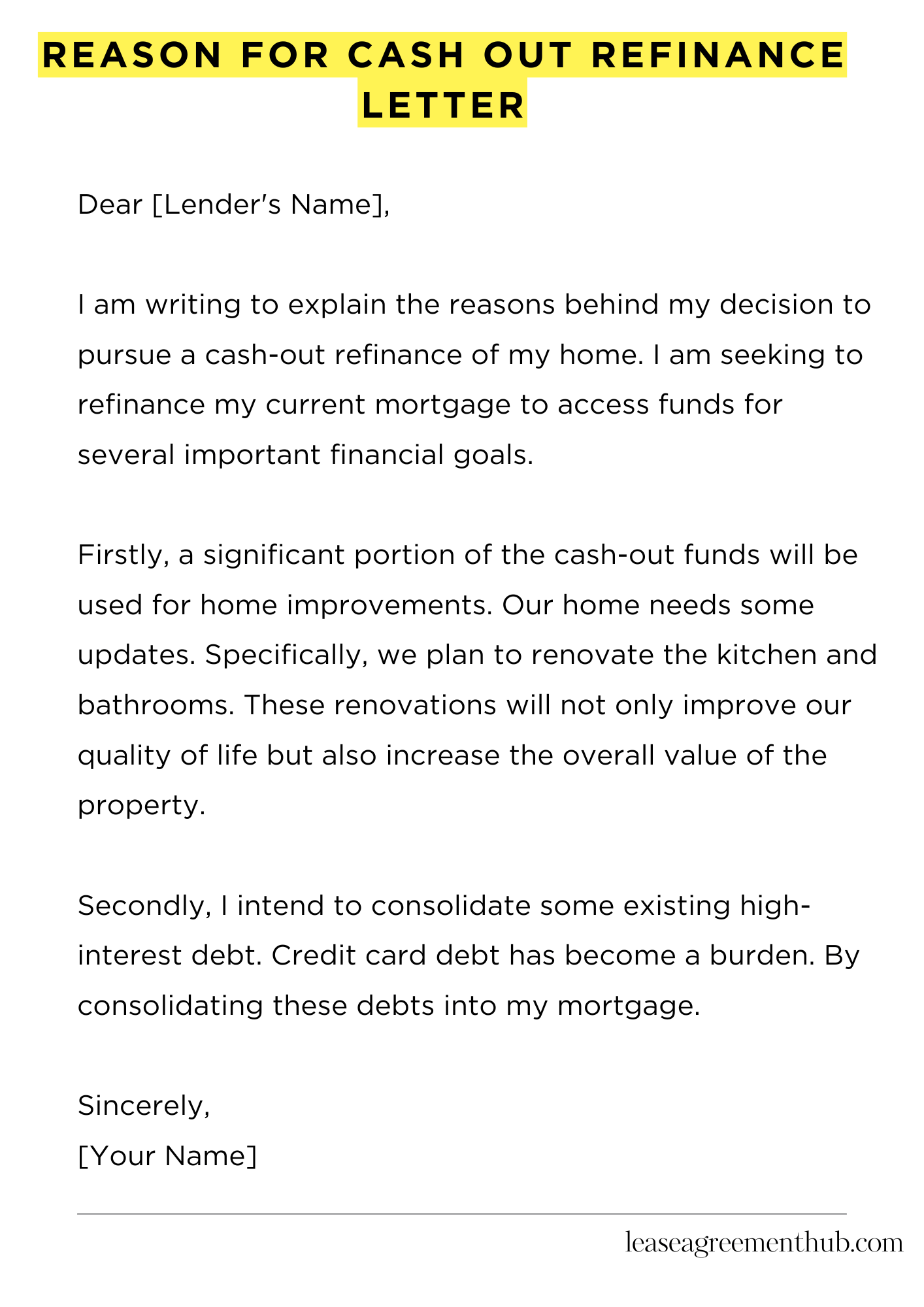 Reason For Cash Out Refinance Letter