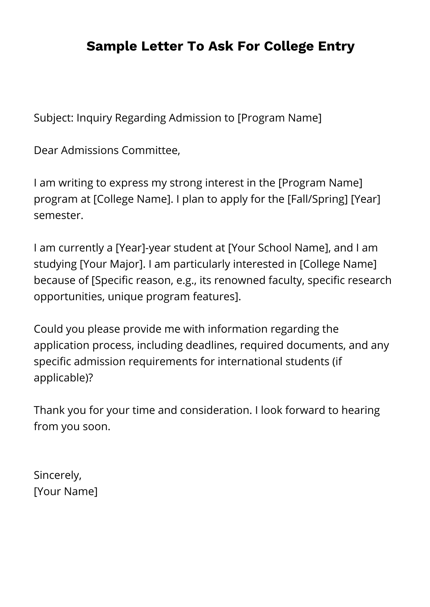 Sample Letter To Ask For College Entry