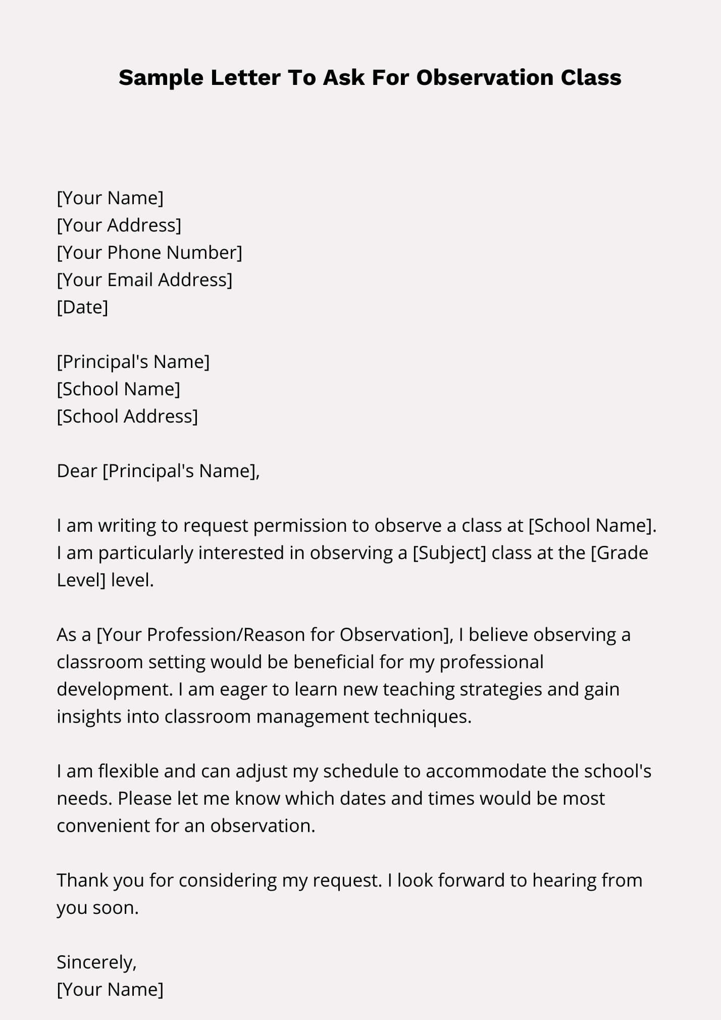 Sample Letter To Ask For Observation Class