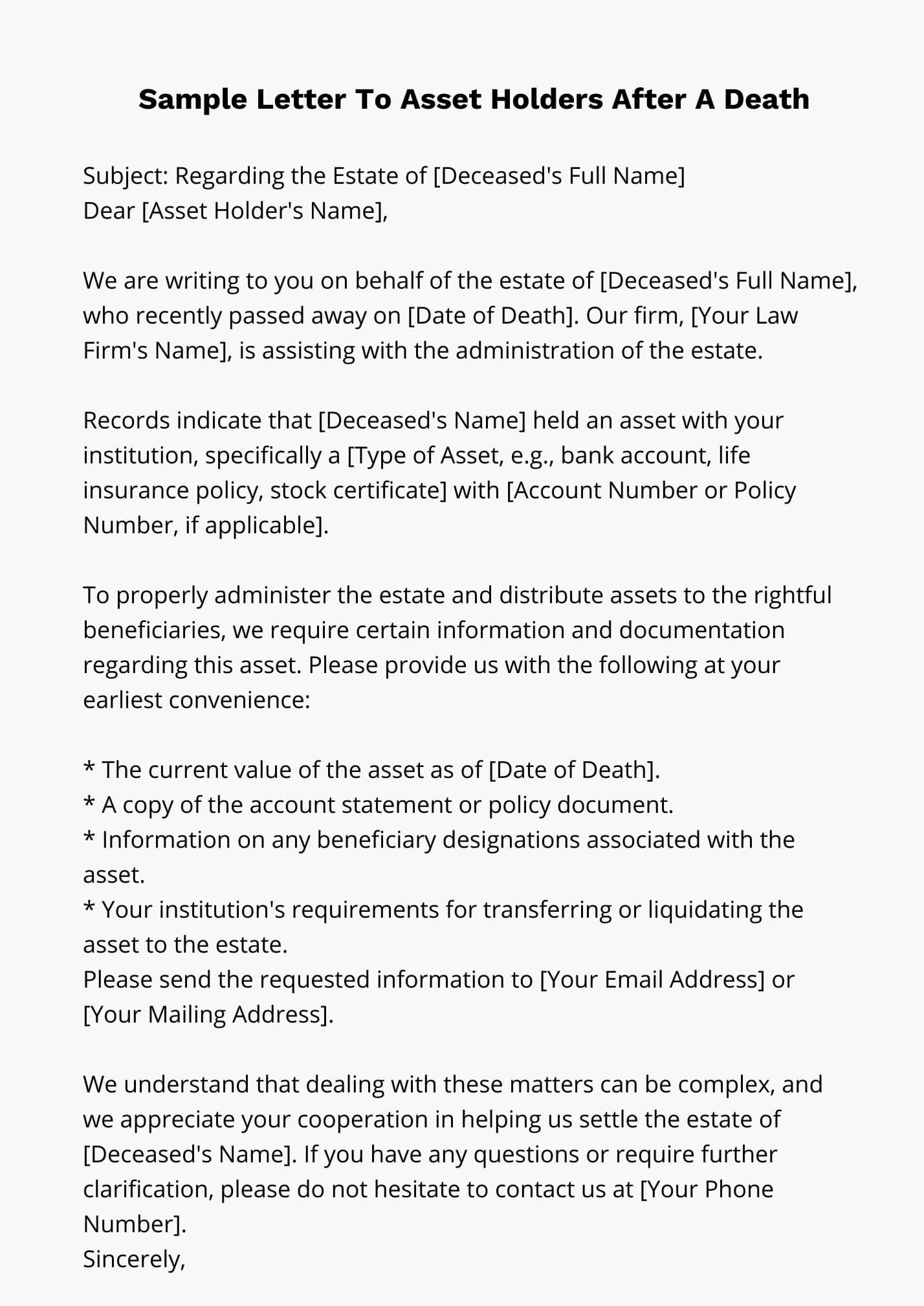 Sample Letter To Asset Holders After A Death