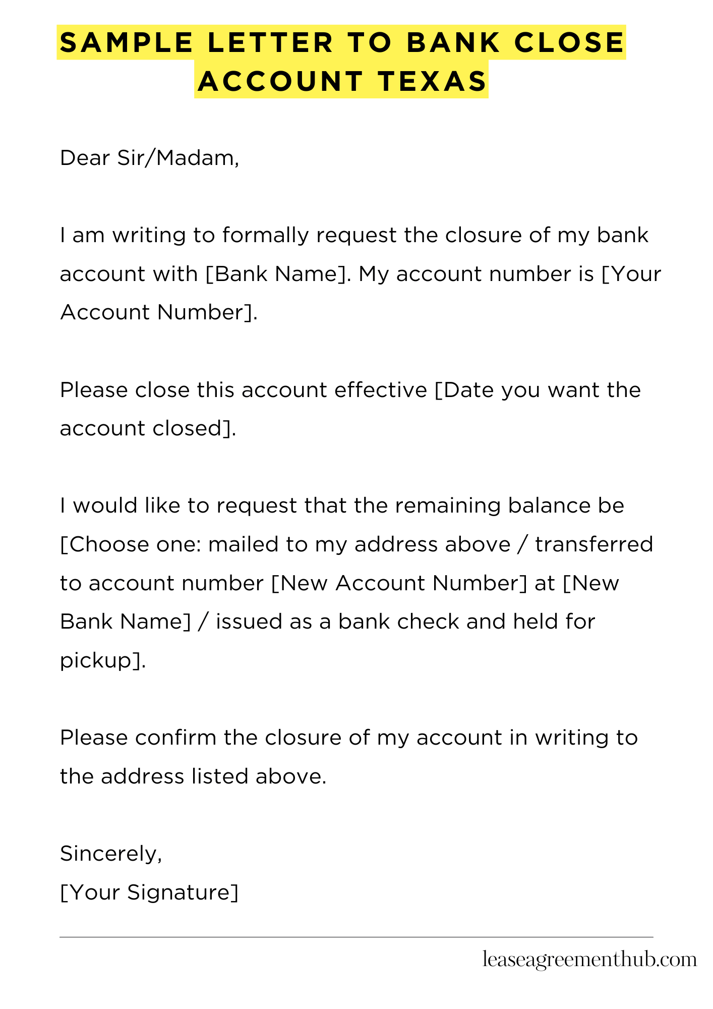 Sample Letter To Bank Close Account Texas