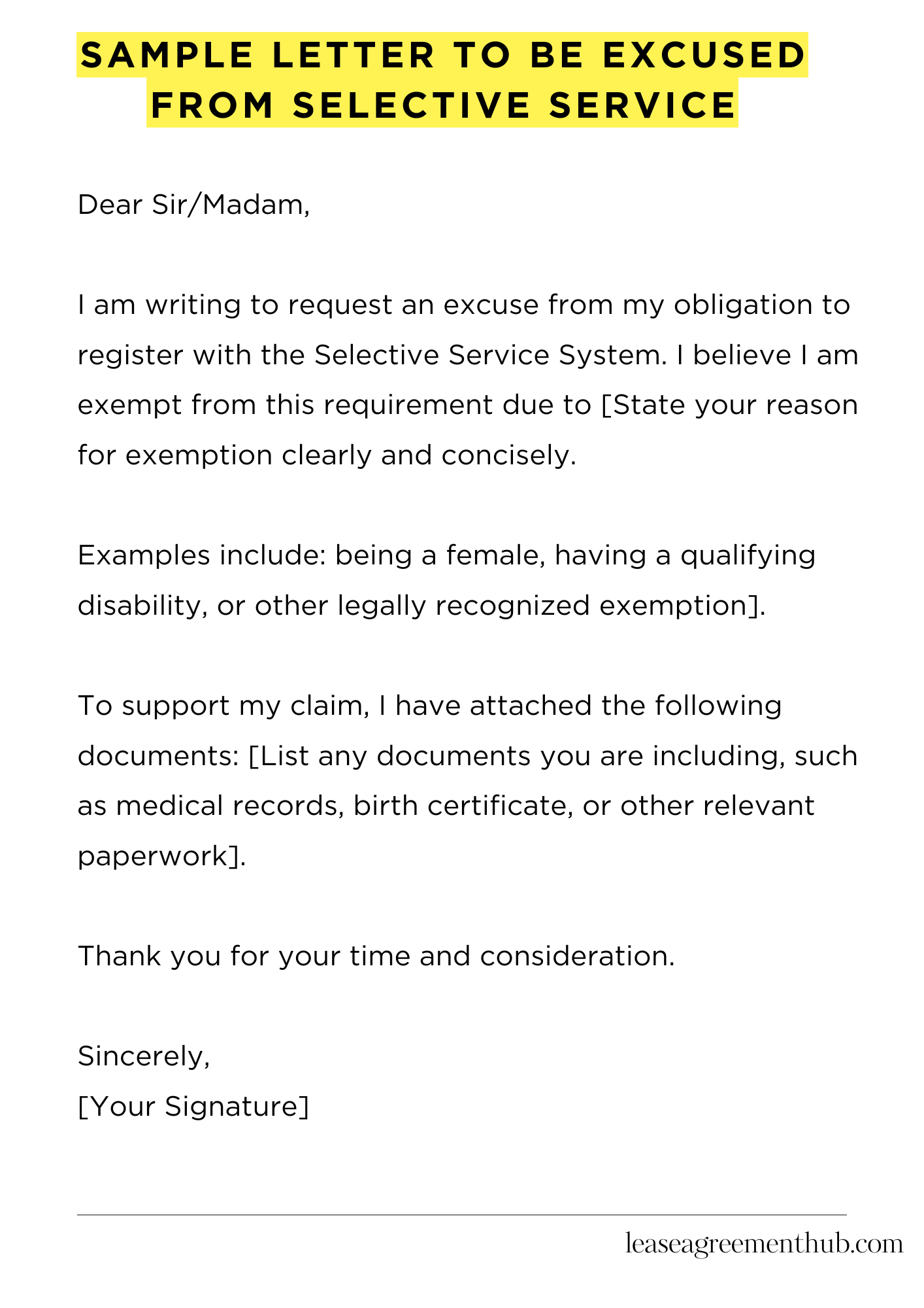 Sample Letter To Be Excused From Selective Service