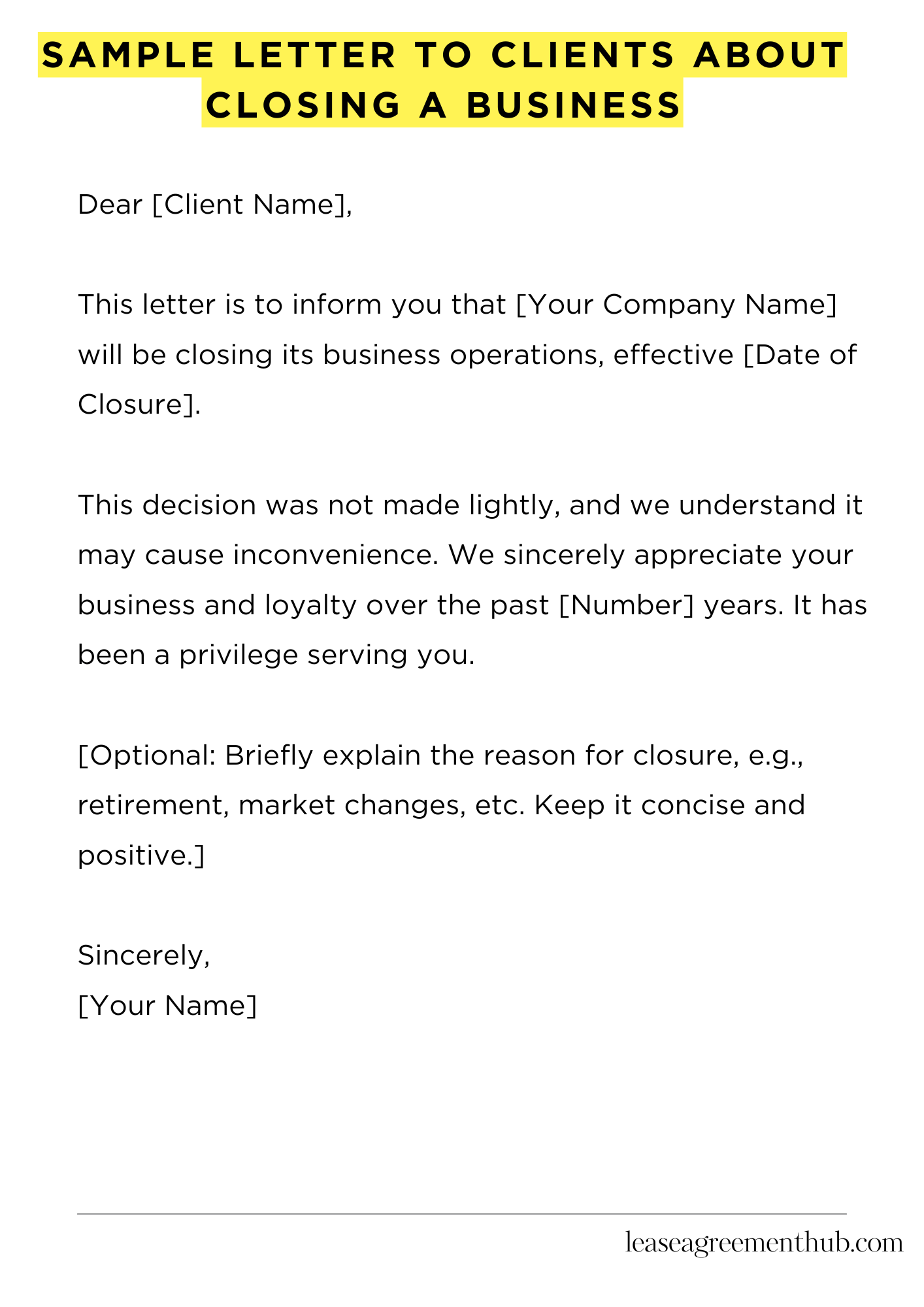 Sample Letter To Clients About Closing A Business
