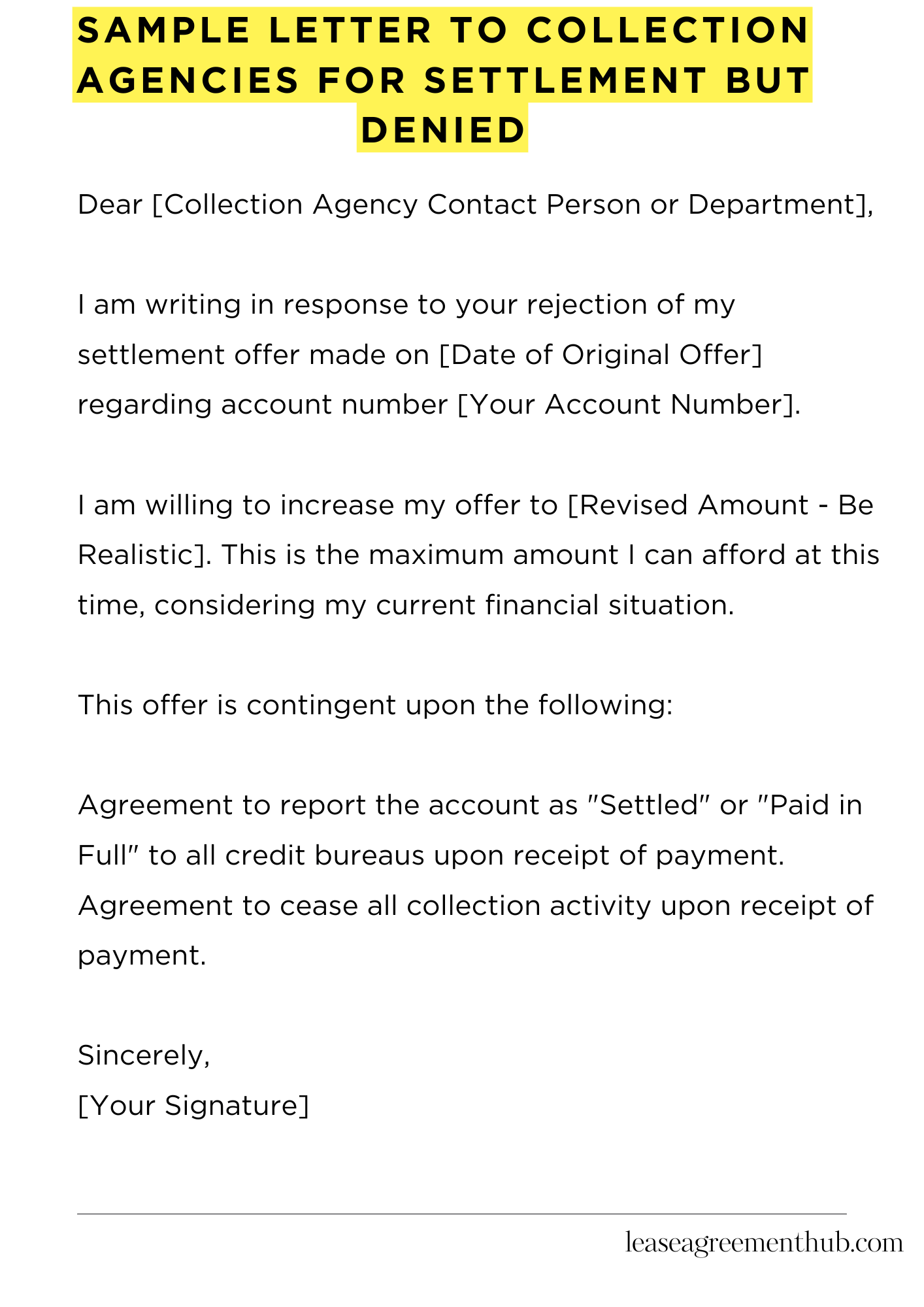 Sample Letter To Collection Agencies For Settlement But Denied