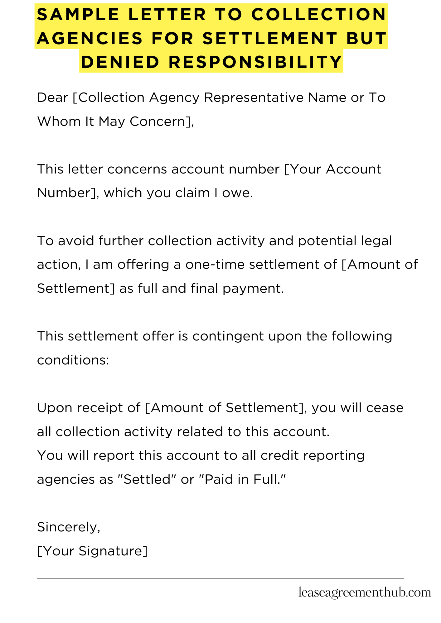 Sample Letter To Collection Agencies For Settlement But Denied Responsibility