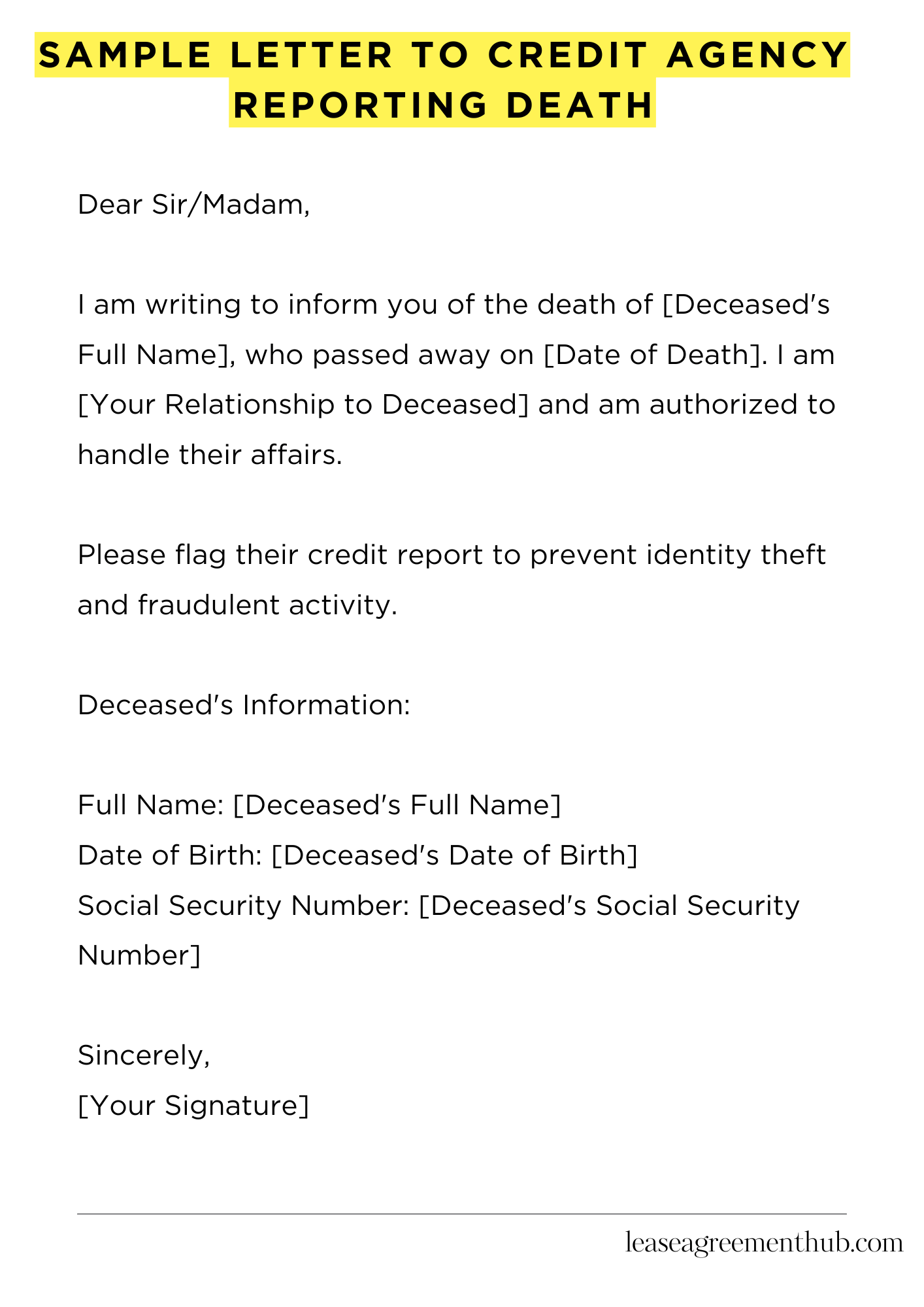 Sample Letter To Credit Agency Reporting Death