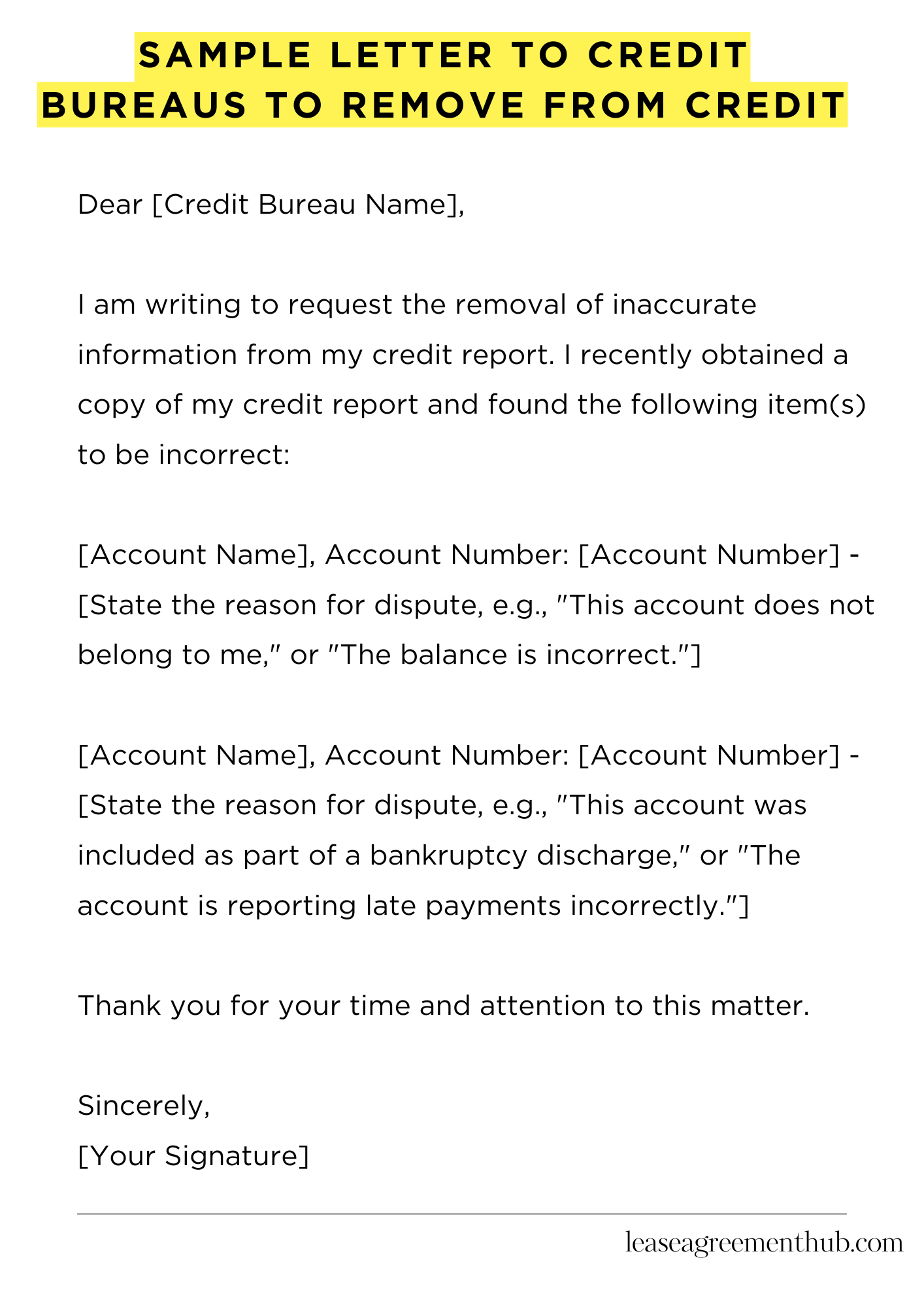 Sample Letter To Credit Bureaus To Remove From Credit