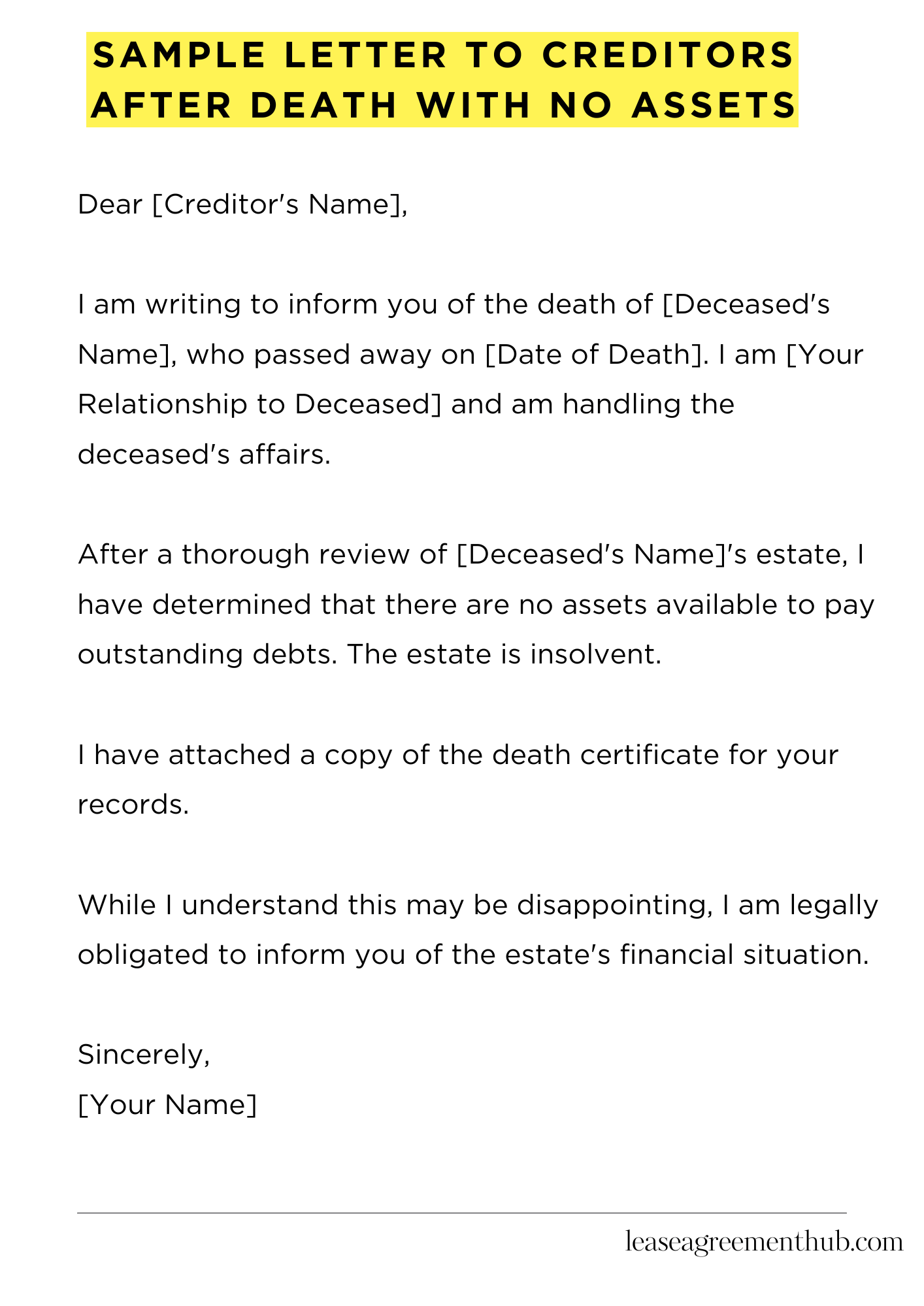 Sample Letter To Creditors After Death With No Assets