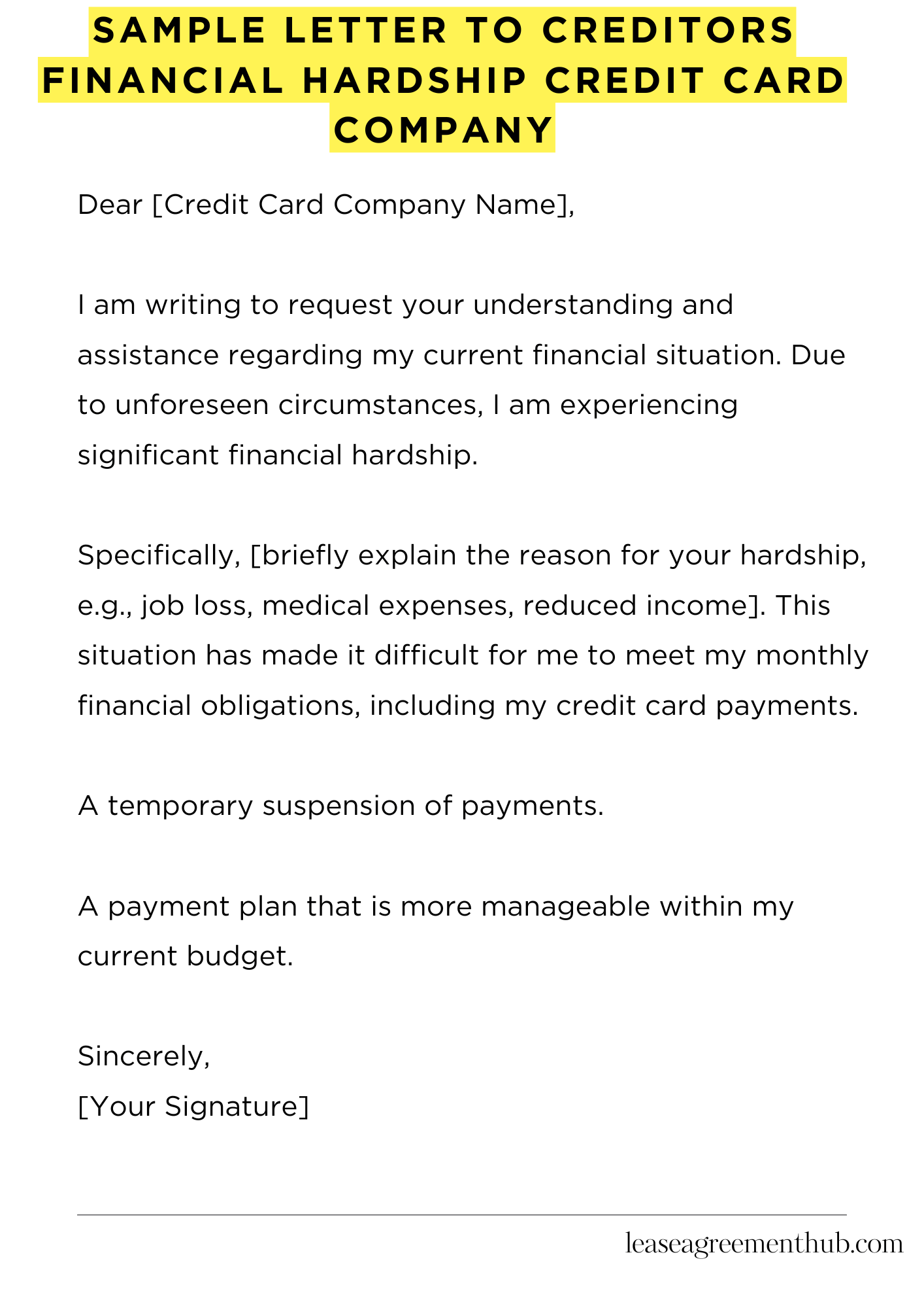 Sample Letter To Creditors Financial Hardship Credit Card Company