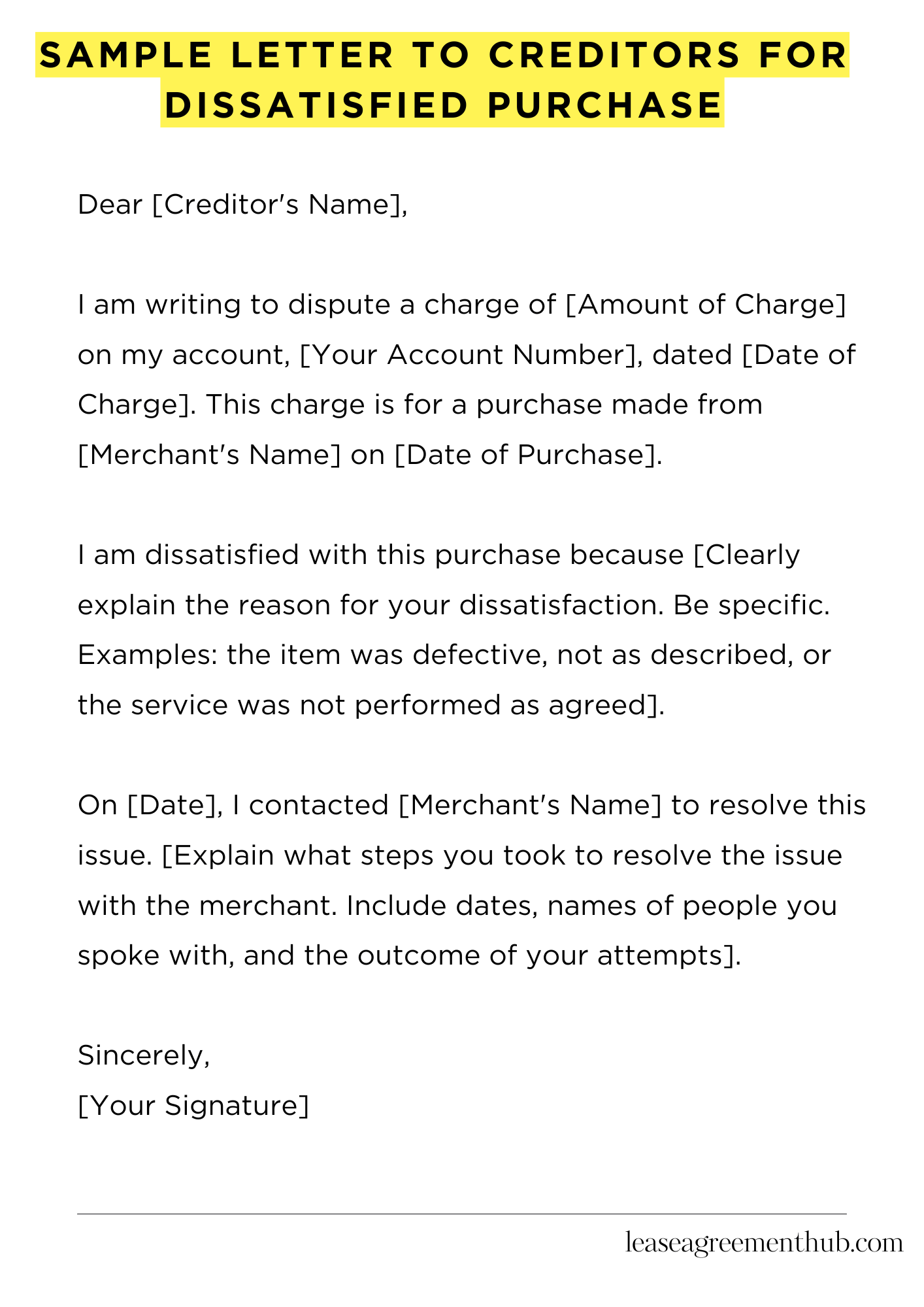 Sample Letter To Creditors For Dissatisfied Purchase