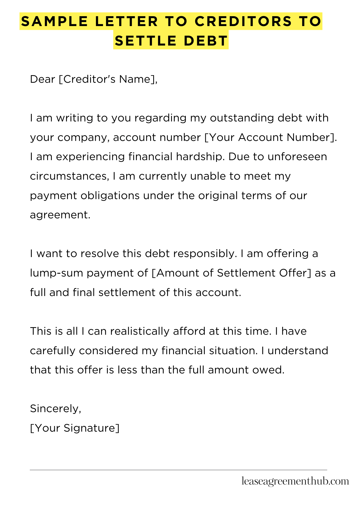 Sample Letter To Creditors To Settle Debt