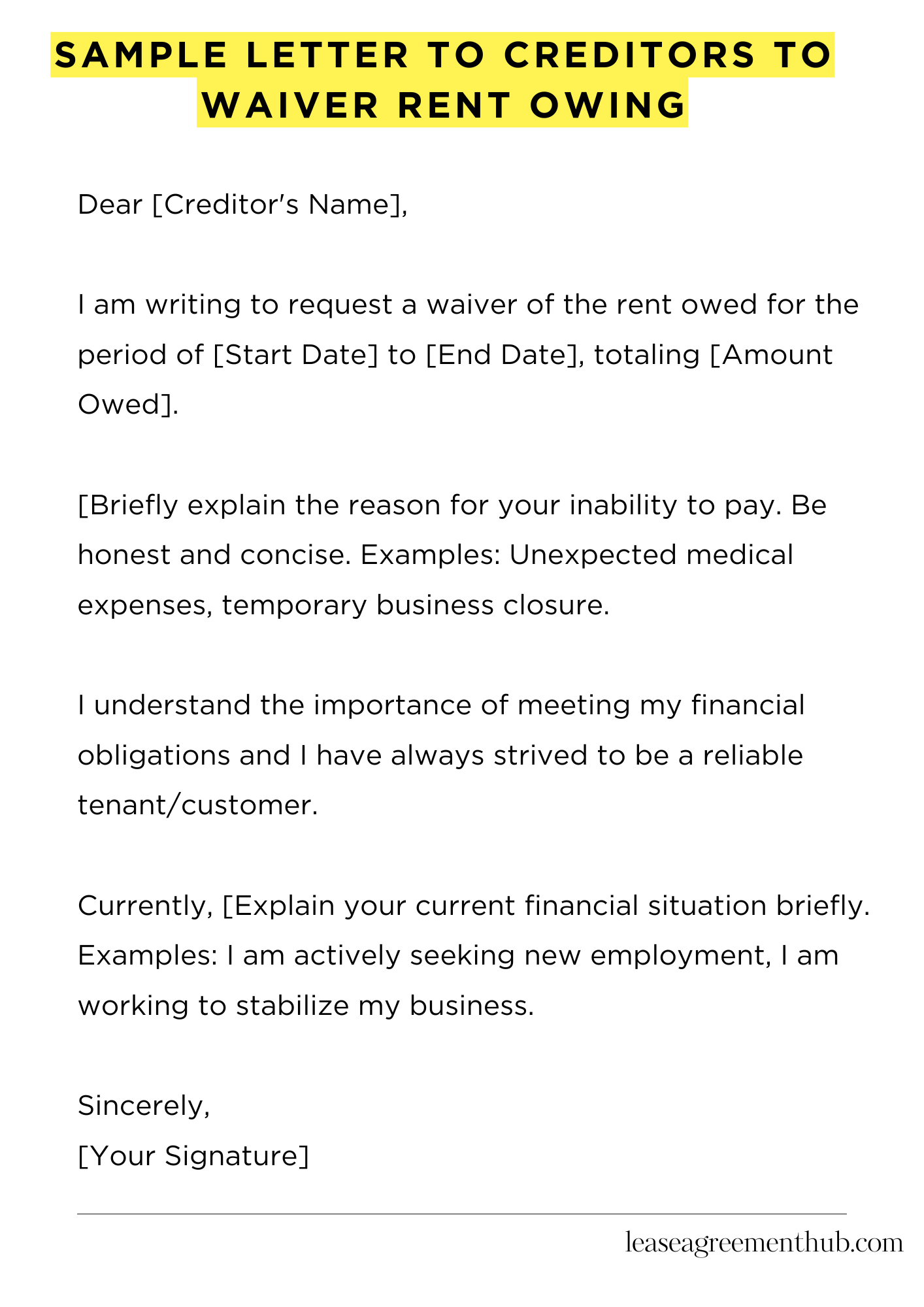 Sample Letter To Creditors To Waiver Rent Owing