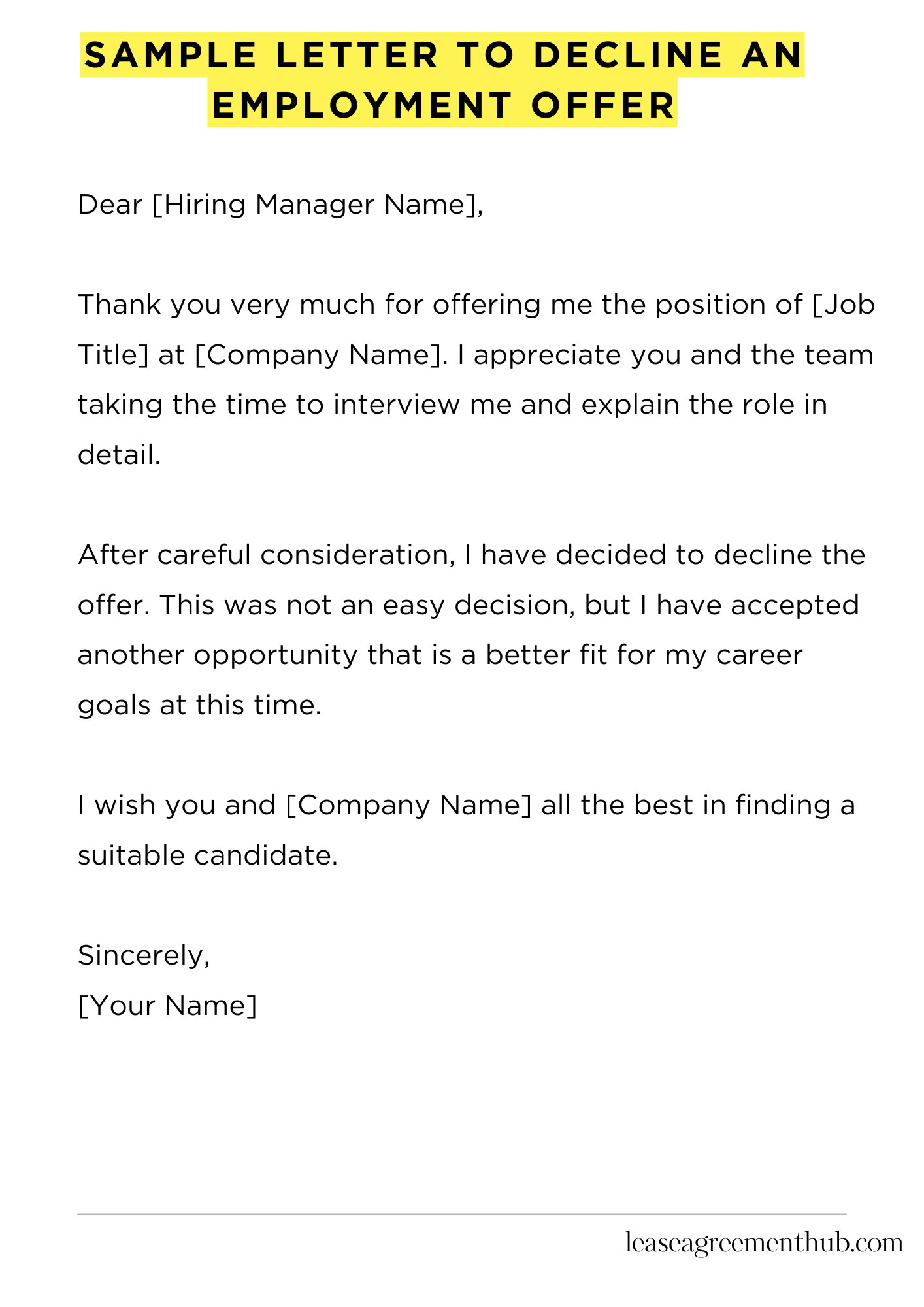 Sample Letter To Decline An Employment Offer