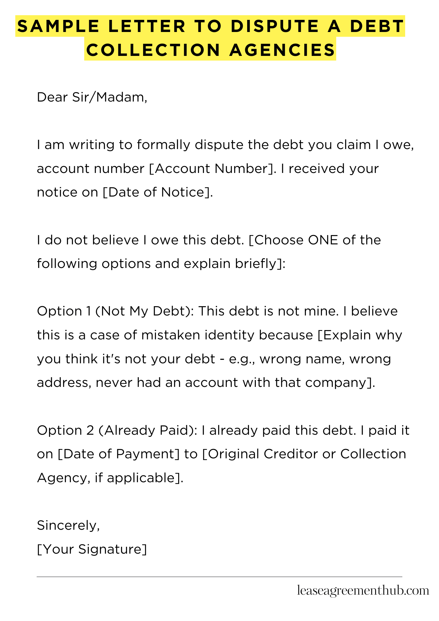 Sample Letter To Dispute A Debt Collection Agencies