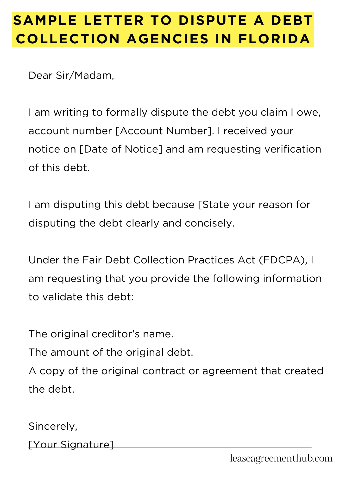 Sample Letter To Dispute A Debt Collection Agencies In Florida