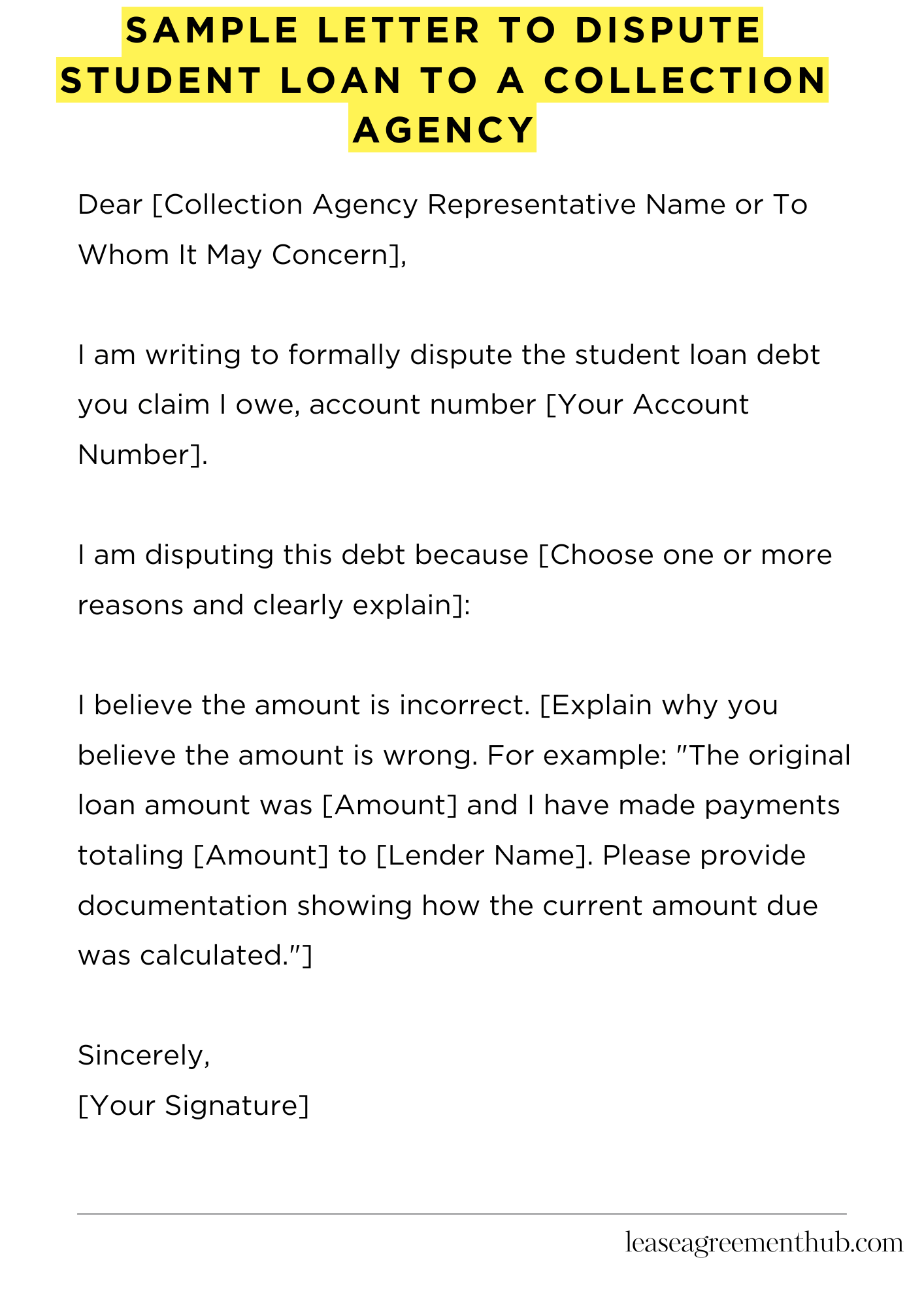 Sample Letter To Dispute Student Loan To A Collection Agency