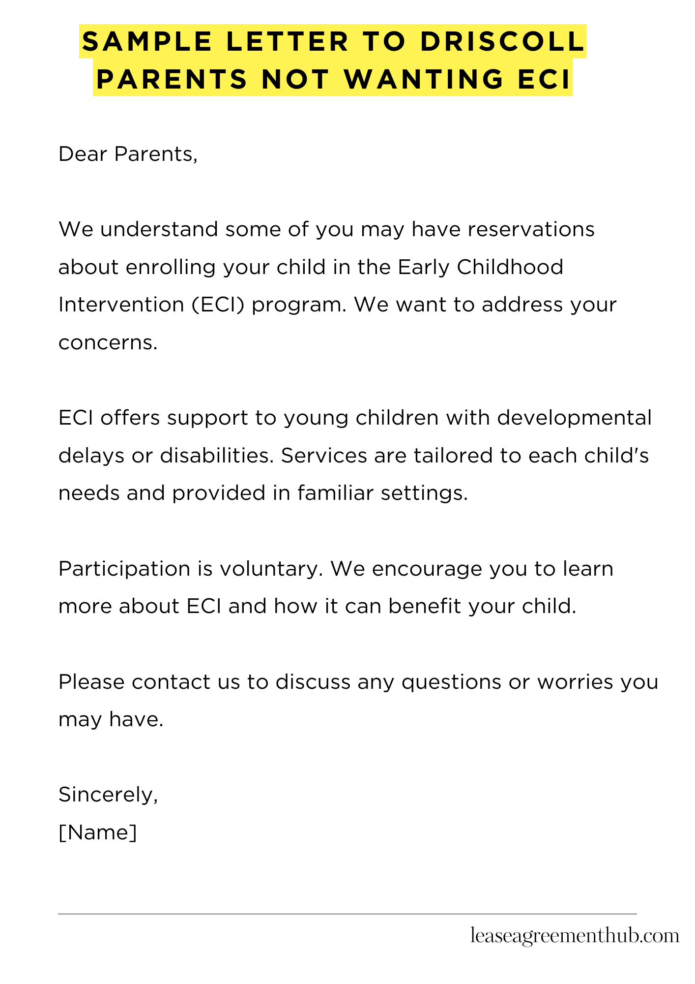 Sample Letter To Driscoll Parents Not Wanting Eci