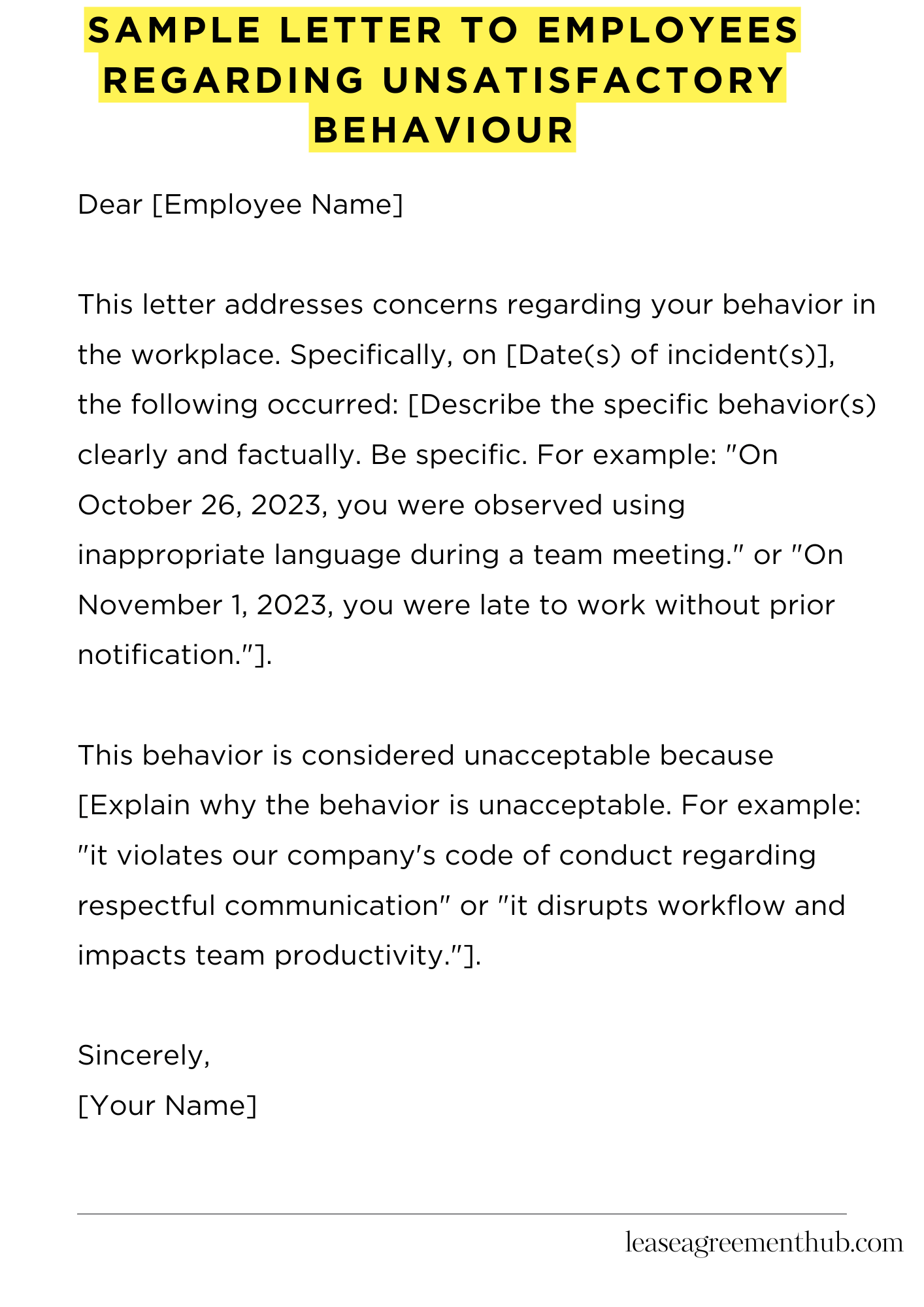 Sample Letter To Employees Regarding Unsatisfactory Behaviour