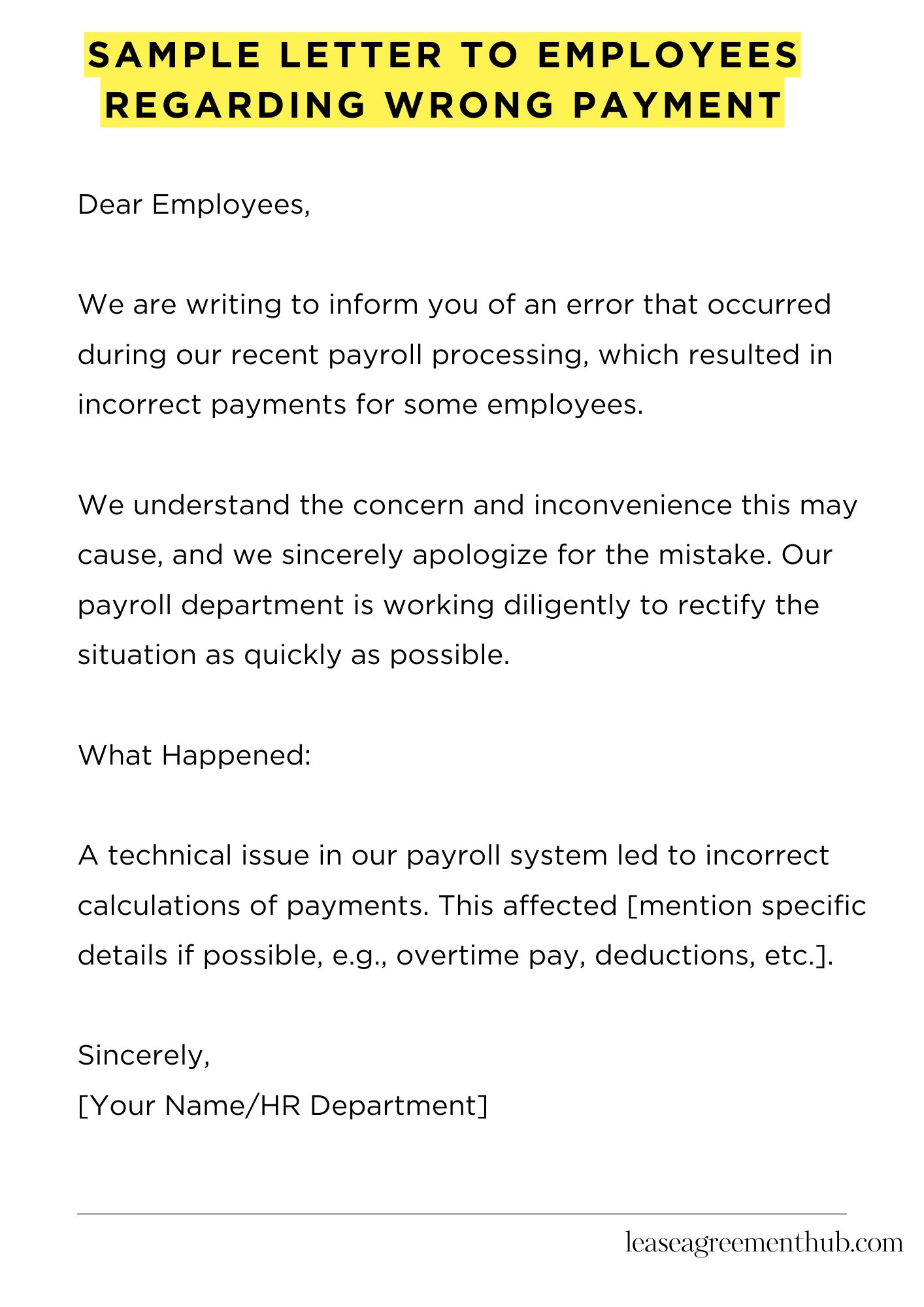 Sample Letter To Employees Regarding Wrong Payment