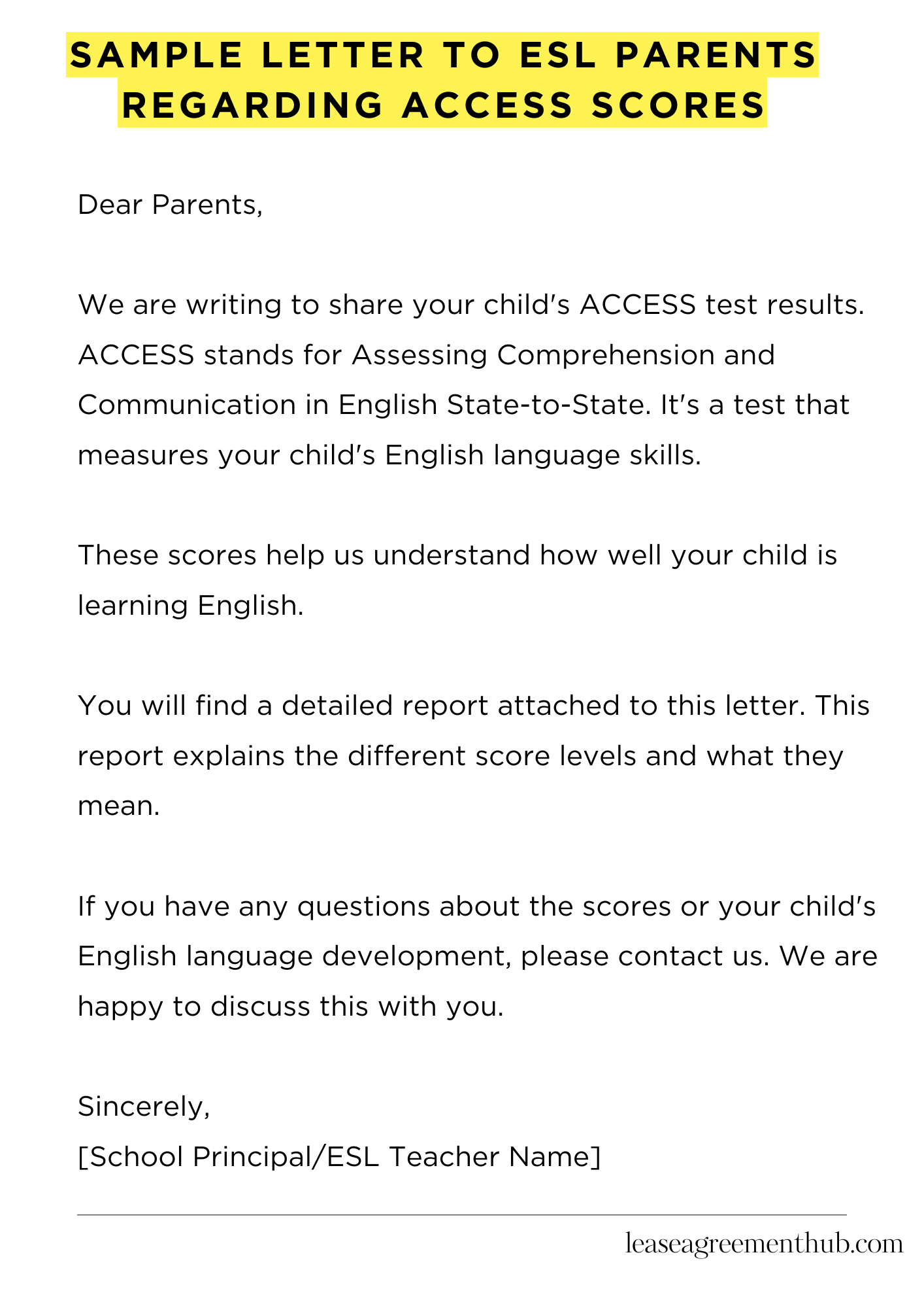 Sample Letter To Esl Parents Regarding Access Scores