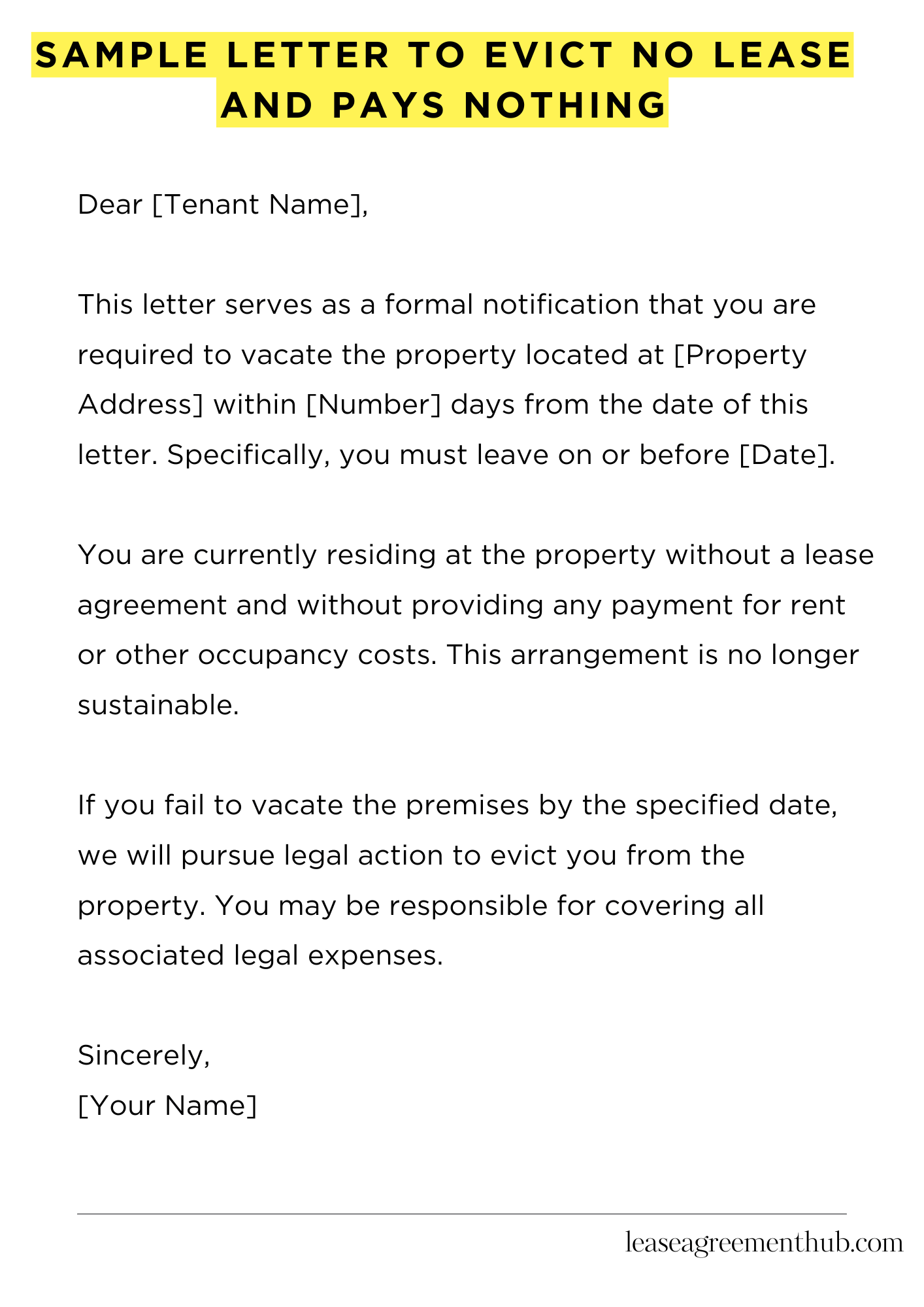 Sample Letter To Evict No Lease And Pays Nothing