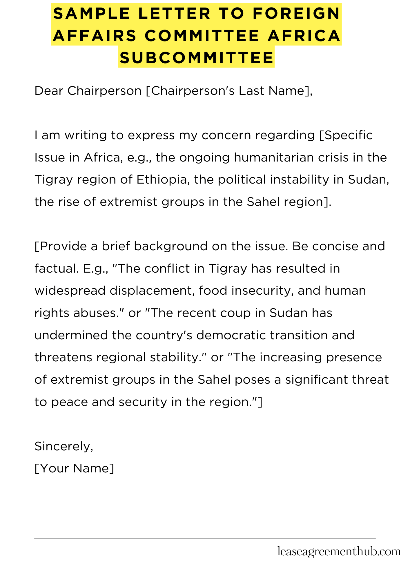 Sample Letter To Foreign Affairs Committee Africa Subcommittee
