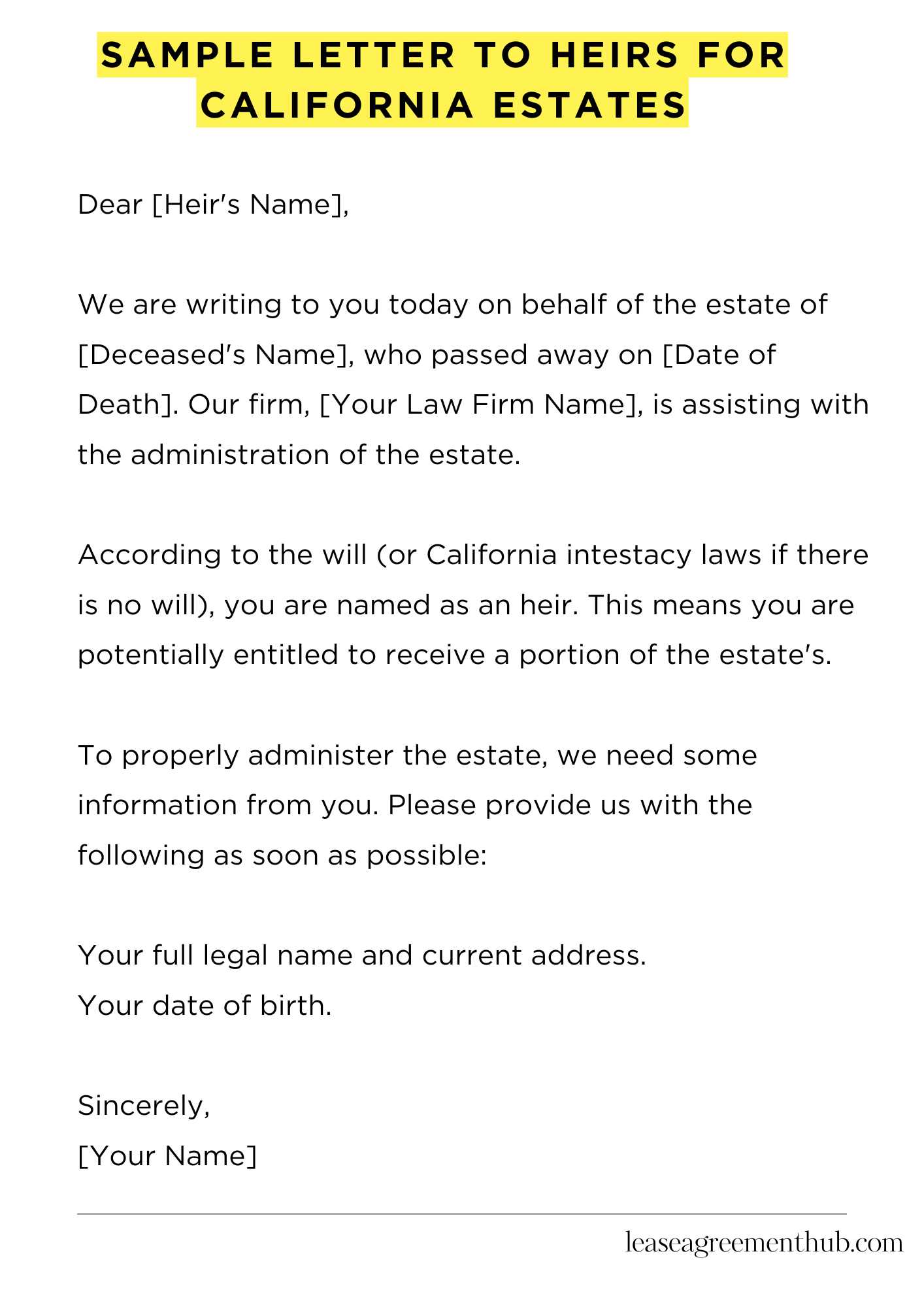 Sample Letter To Heirs For California Estates